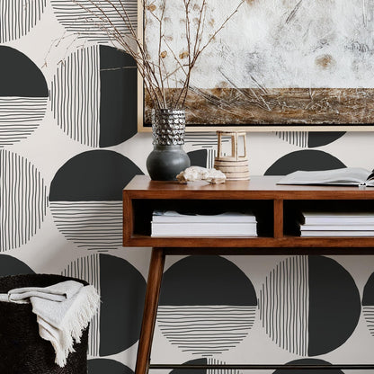 VEELIKE Abstract Circle Geometric Peel and Stick Wallpaper Modern Black Mid Century Wallpaper for Bedroom 17.7''x118'' Self Adhesive Geometric Wall Paper Removable Contact Paper for Cabinets Walls