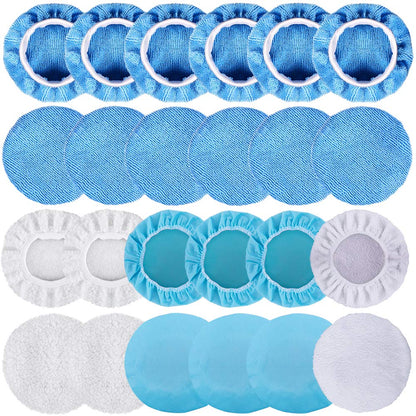SIQUK 24 Packs Car Polisher Pad Bonnets 5 to 6 Inch Polishing Bonnet with 12 Packs Microfiber Bonnets 4 Packs Waxing Bonnet 6 Packs Non-Woven Buffing Bonnet and 2 Packs Cotton Bonnet