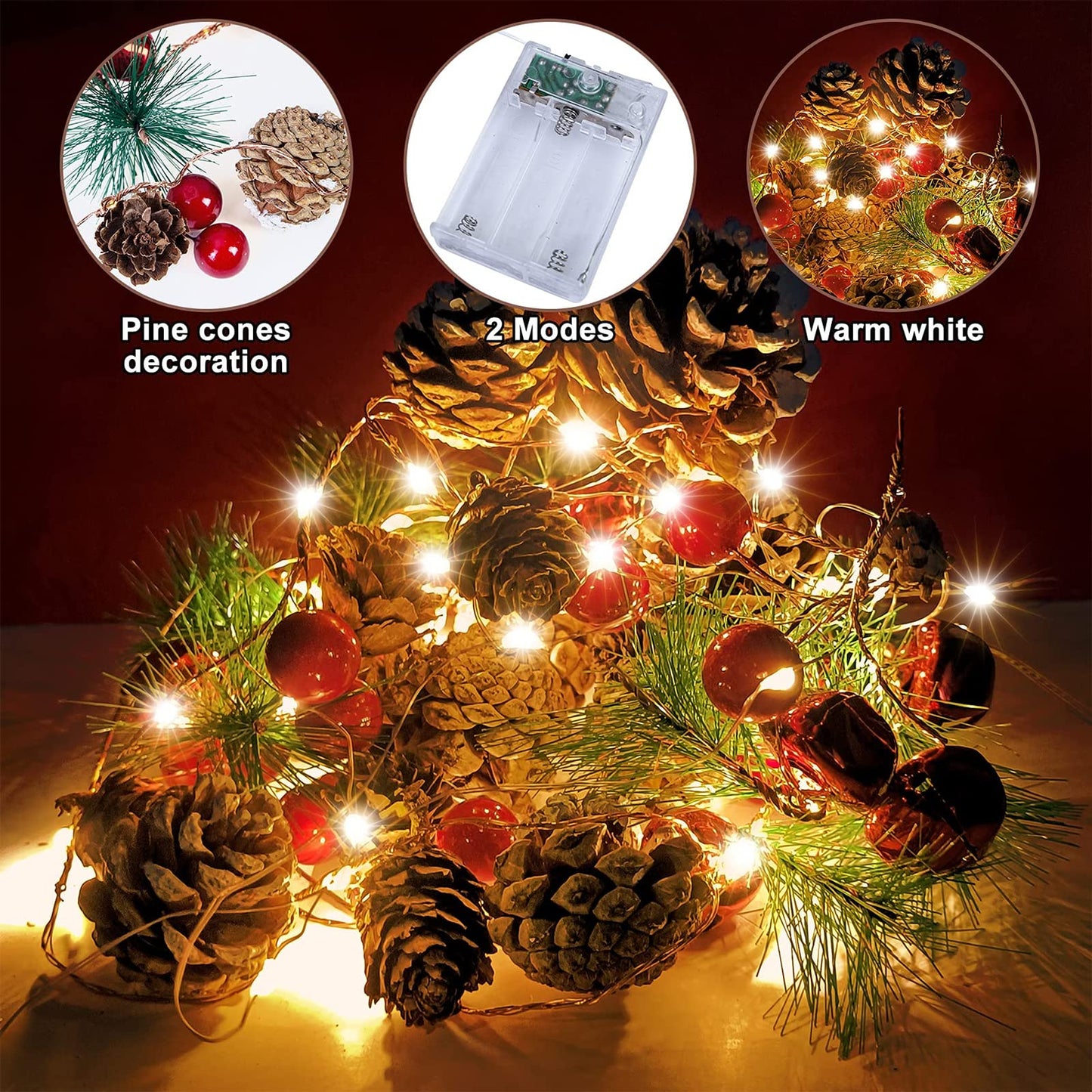 Christmas 10 Ft 30 LED Garland with Lights, Pine Cone Decorations for Home Interior, Fireplace, Stair