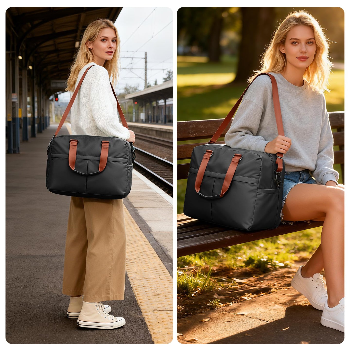 Expandable Personal Item Travel Duffle Bag Weekender Bag for Women Men, Overnight Hospital Carry On Bag with Toiletry Bag for Airplanes Travel Business Trips Sport,Black & Brown