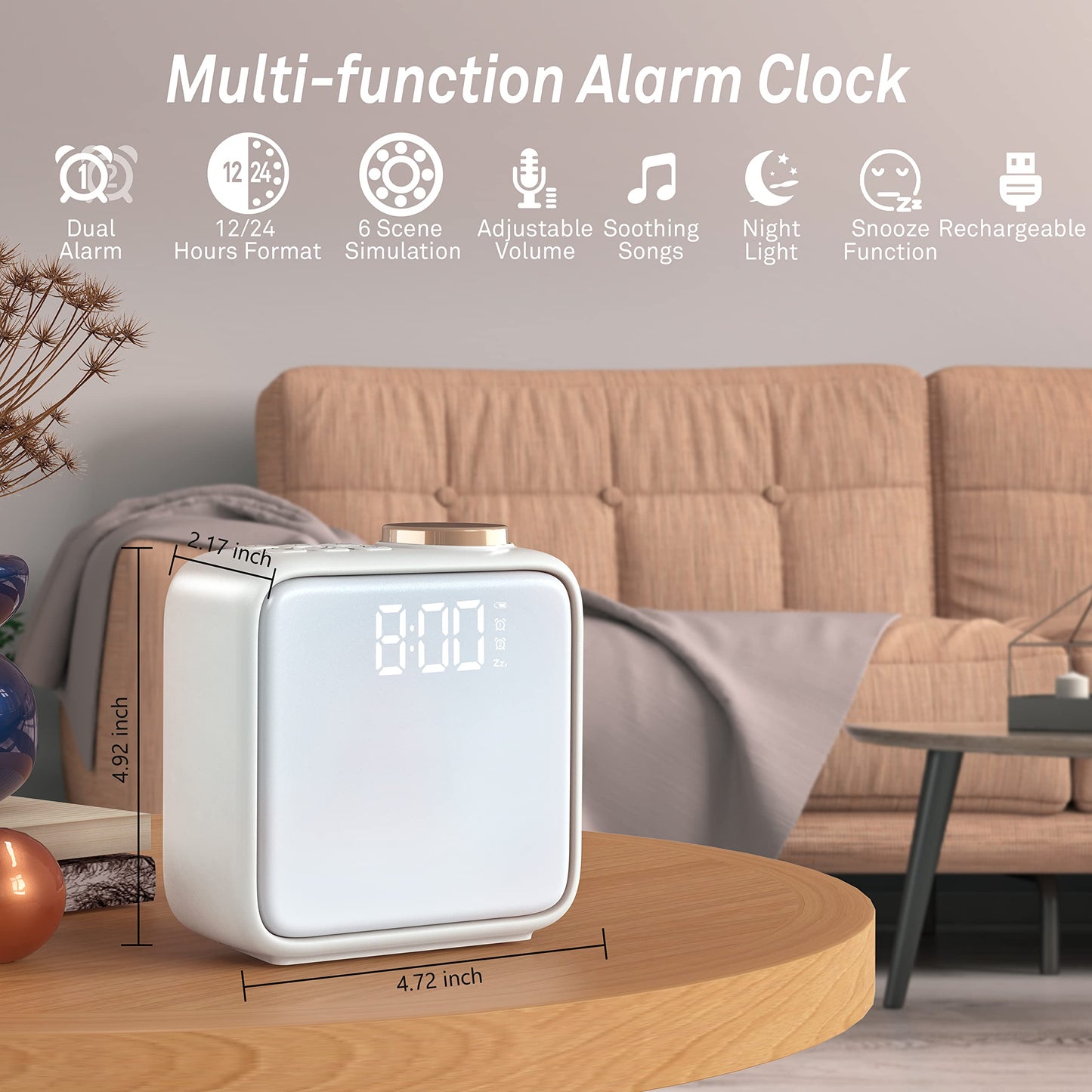 AIRIVO Alarm Clock Night Lights, Built-in Battery Alarm Clock for Bedrooms, 6 Scenes & White Noise Sync, Dual Alarms & Snooze, for Heavy Sleepers, Gifts for Kids Teens
