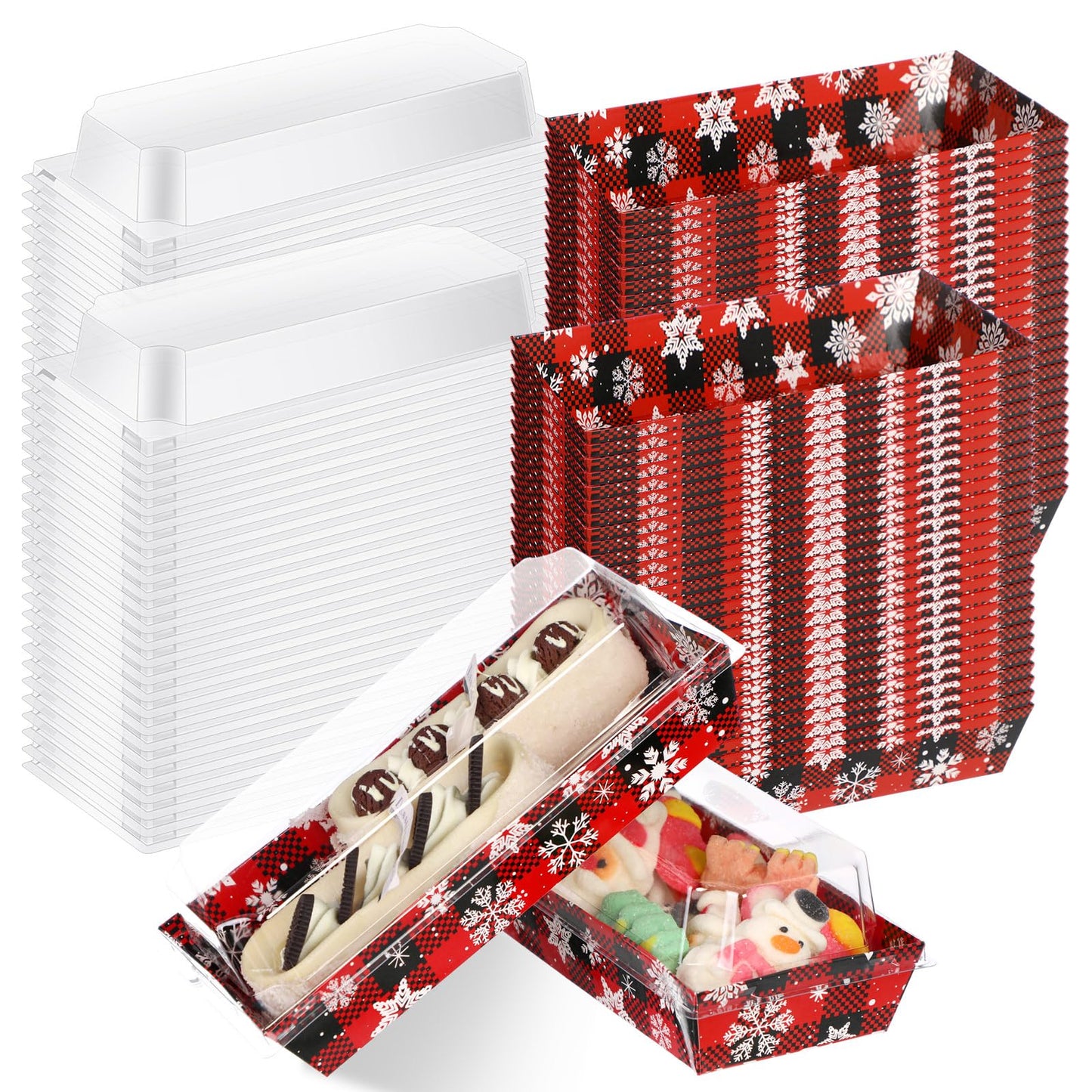 Bokon 100 Pack Christmas Charcuterie Boxes with Clear Lids, Red and Black Snowflake Cookie Boxes with Window, Disposable Food Containers Candy Treat Gift Tins for Sandwich, Cookie, Cake Slice
