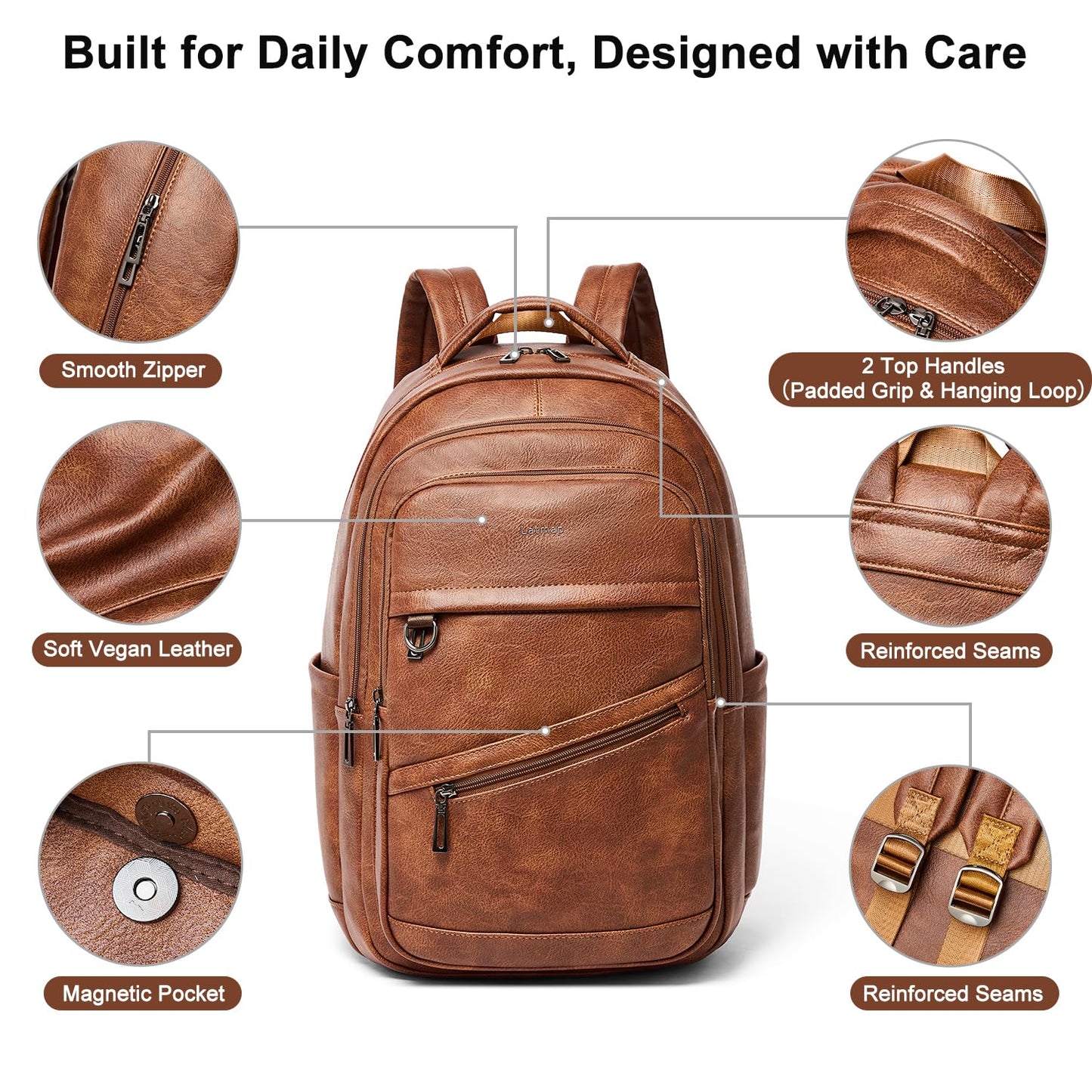 LATMAP 43L Backpack for Women Men - Vegan Leather Backpack Purse Travel Carry-on Bag College Bookbag Work fits 17" Laptop, Brown