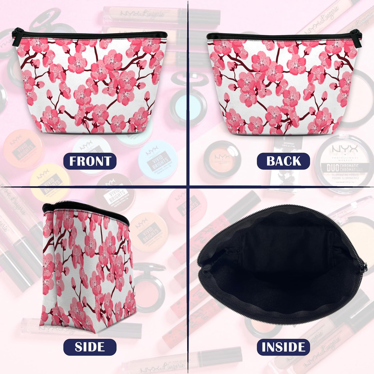 DEMACYA Cherry Blossom Makeup Bag for Purse, Waterproof Funny Japanese Pink Sakura Cosmetic Bag for Women, Zipper Travel Pouch Gift 9.5×5.9 Inch