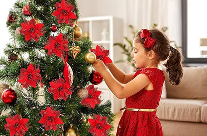 RECUTMS 10 PCS Red Glitter Poinsettia Flowers Christmas Tree Ornaments Fake Christmas Flowers Artificial Christmas Flowers Decorations Wedding Xmas Tree New Year Ornaments Wreath Decoration(Red)