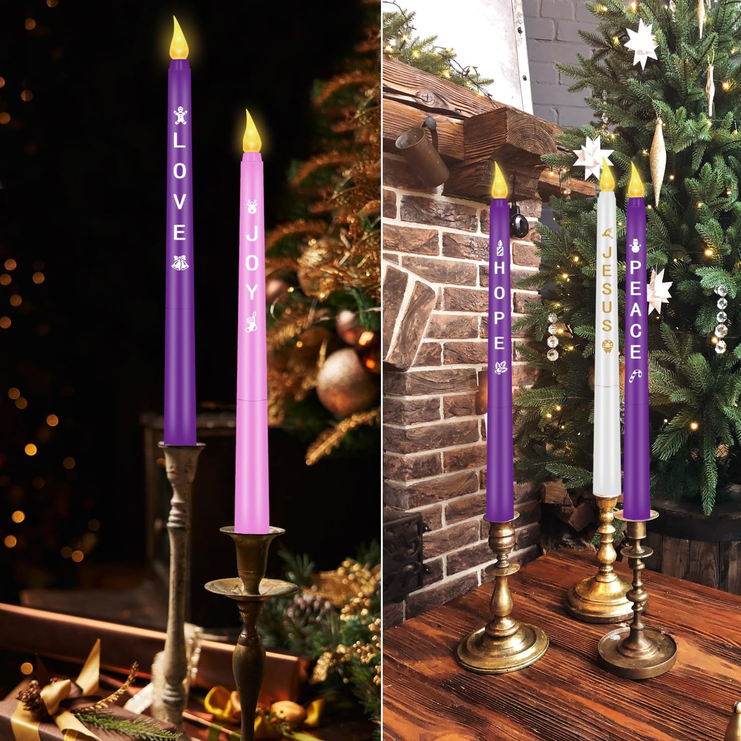 RGQSUN LEDs Flameless Advent Candles Sets of 5 Christmas Advent Candles Battery Operated Flickering Flameless Taper Candle for Christmas Wreath Advent Decor(Battery is not Included)