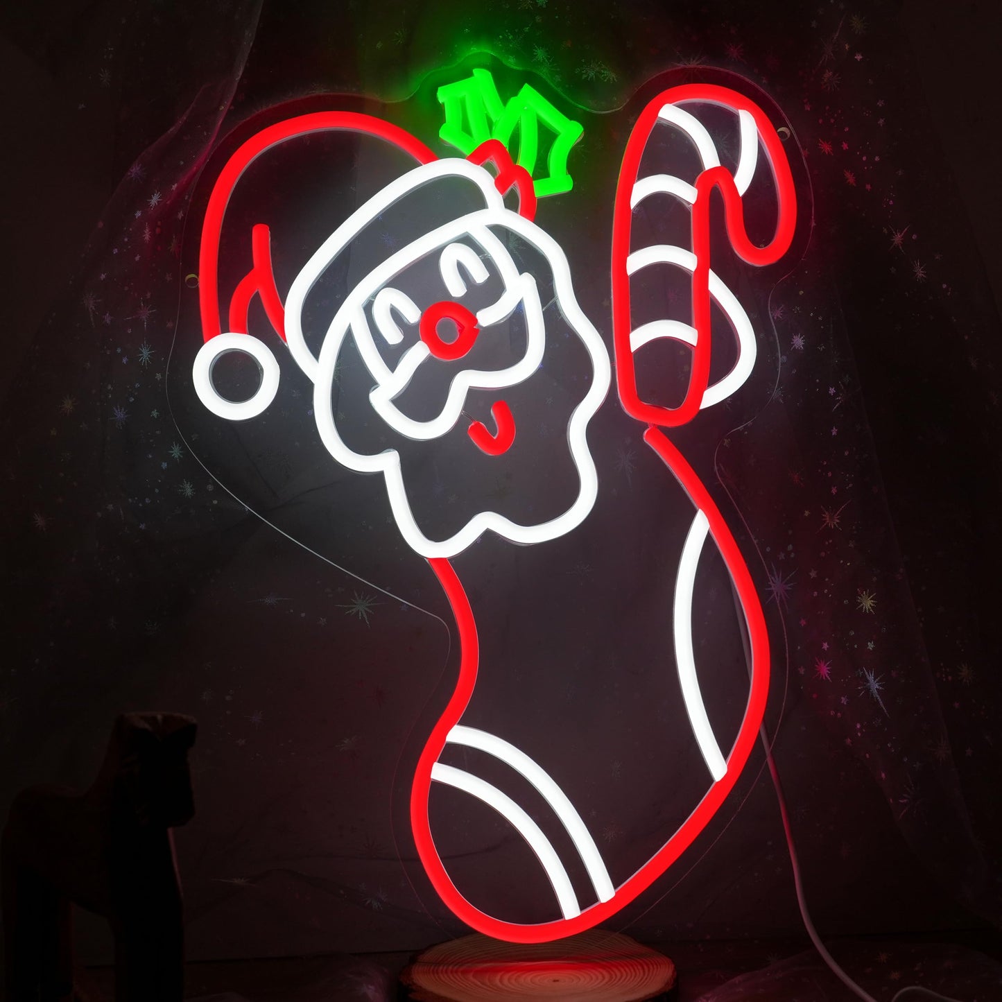 JLEWUINH Merry Christmas Neon Sign Dimmable Santa Claus In Stockings Neon Light USB Powered Holly Led Light up Sign for Christmas Eve Party New Year Home Bar（16.5 * 12.6 In）
