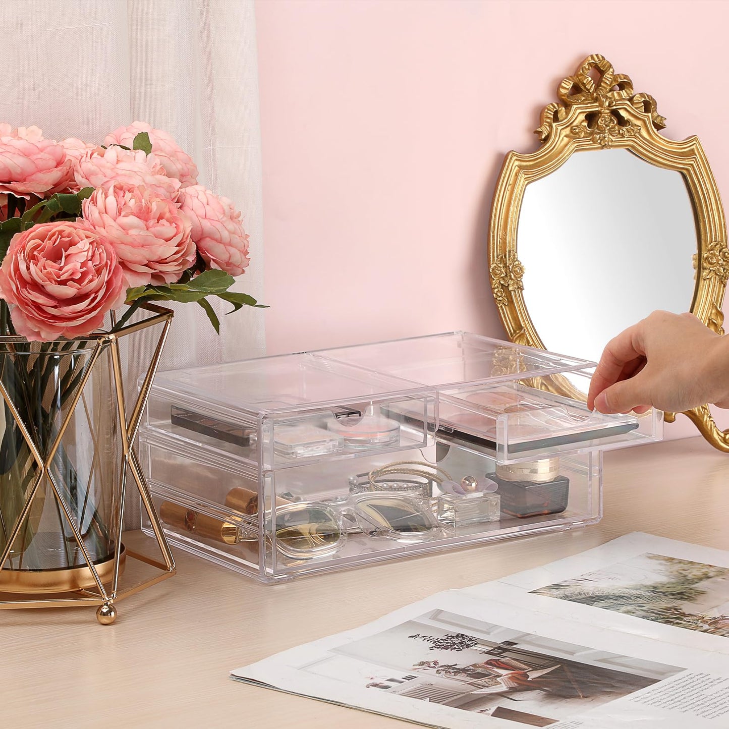 BTSKY Clear Acrylic Drawer Organizer, Stackable Container with 2 Narrow + 1 Large Drawers, Desk Organizer for Stationery Study Essentials Makeup Jewelry, Multipurpose Storage Box for Office and Home