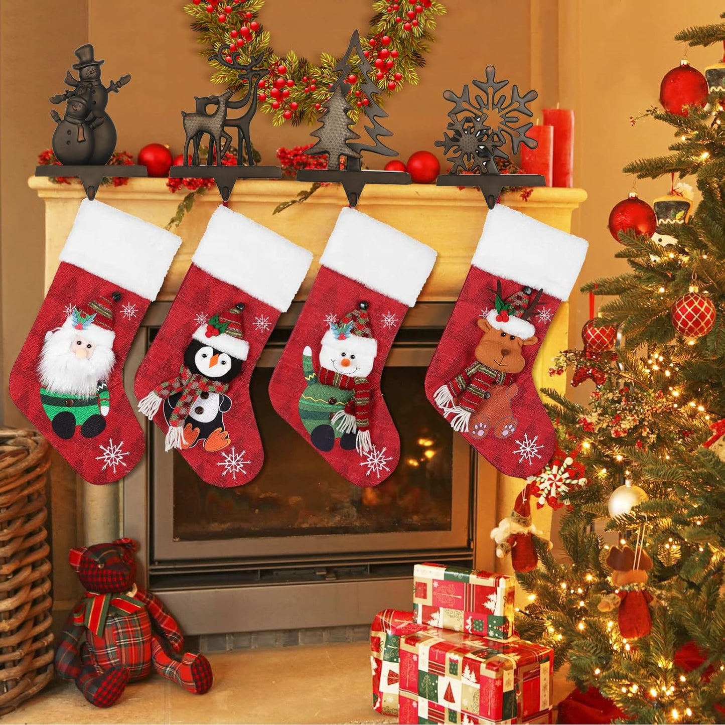 Set of 4 Christmas Stocking Holders for Mantel,Deer Snowman Snowflake Reindeer Stocking Holders for Fireplace Christmas Hanger for Stocking,Metal Stocking Hooks for Xmas Decoration (Black set, 4)