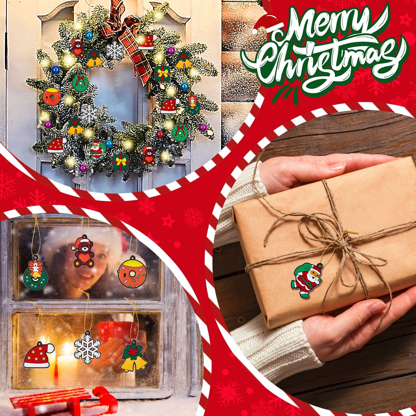 Syhood 63 Pcs Mini Christmas Tree Ornaments Set Decoration Gadget Small Skirt Star Topper Miniature Hanging Ornament with Light for Holiday Xmas