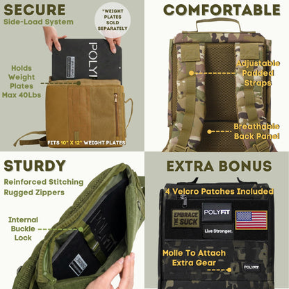 Polyfit Rucking Backpack 2.0 - Weighted Ruck Pack for Weight Plates - Patent Pending Side-Loading Rucksack for Walking, Running, Rucking, Strength and Endurance Training - Black Camo
