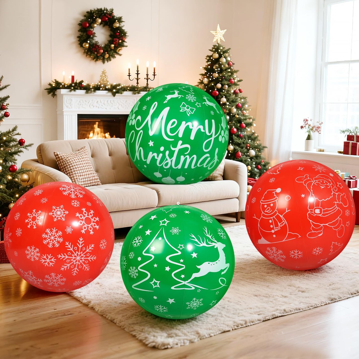 Wlicon 4 PCS 24 Inch Christmas Inflatable Balls Outdoor Inflatable Christmas Ball Ornaments for Xmas Garden Lawn Yard Holiday Front Door Window Decoration
