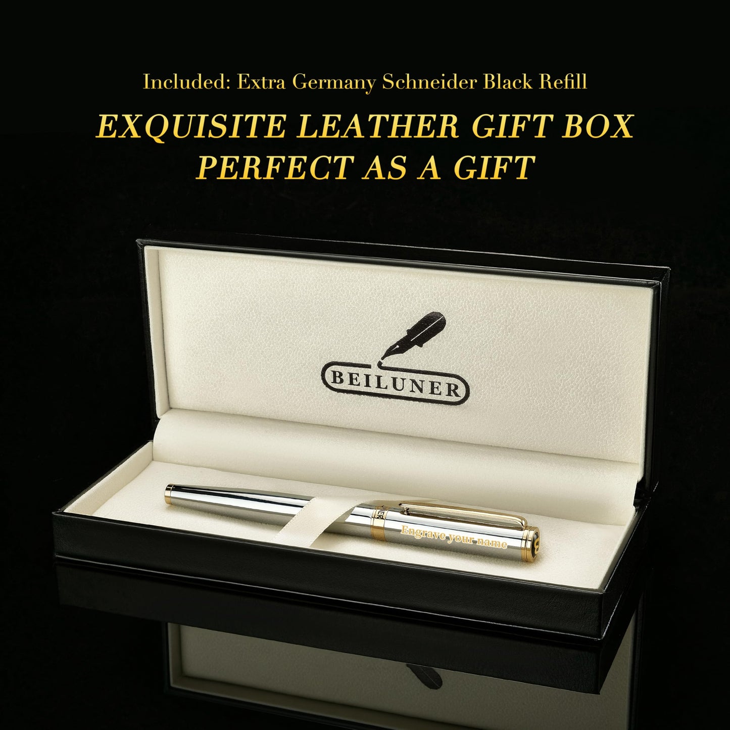 BEILUNER Silver Chrome Personalized Pen, Stunning Luxury with 24K Gold Finish,Noble and Elegant Designs,Schneider Ink Refill, Best Gift Pen for Men & Women, Graduation, Executive Office, Fancy Pens