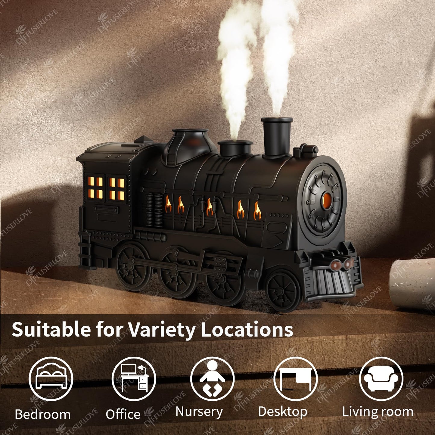 Diffuserlove Train Diffuser 300ML Essential Oil Diffuser Cool Mist Humidifier Aroma Diffuser with Night Light for Bedroom Desk Black