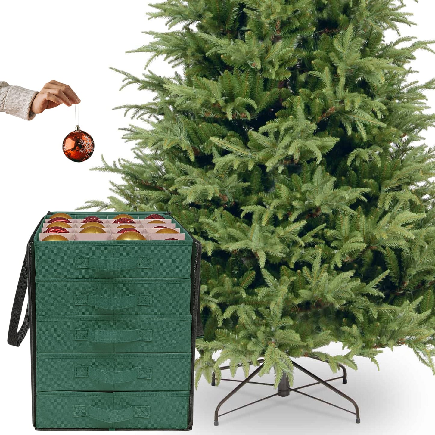 ProPik Christmas Ornament Storage Boxes with Dividers - 5 Separate Trays - Ornament Holder - Keeps 100 Holiday Ornaments - Durable Carrying Bag Handles Organizer Storage Box (Green)