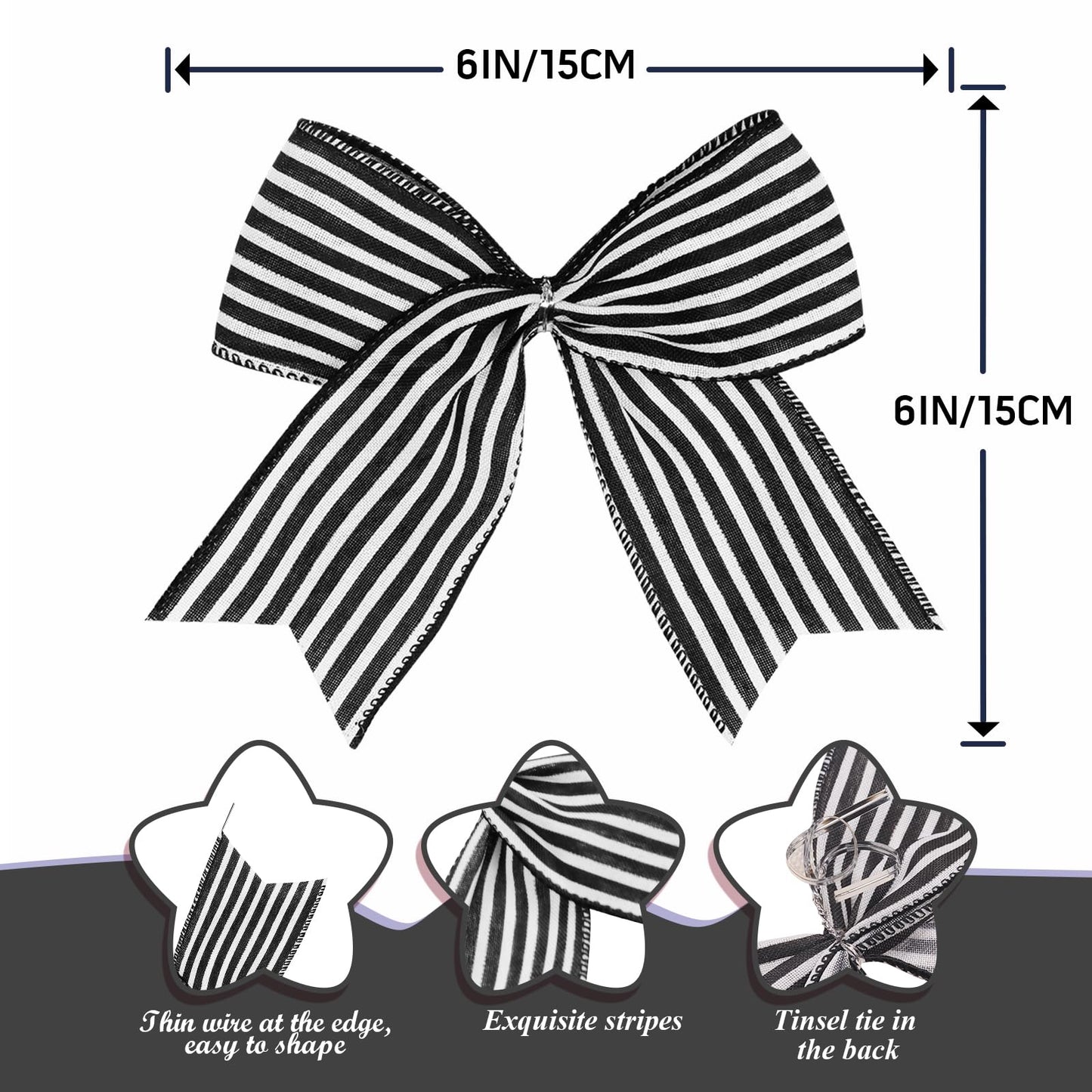 12 Pcs Black White Stripe Bows Halloween Tree Decorations,6 Inch Fall Ornaments for Christmas Tree Front Door Holiday Gothic Party Wreath Wall Home Decor