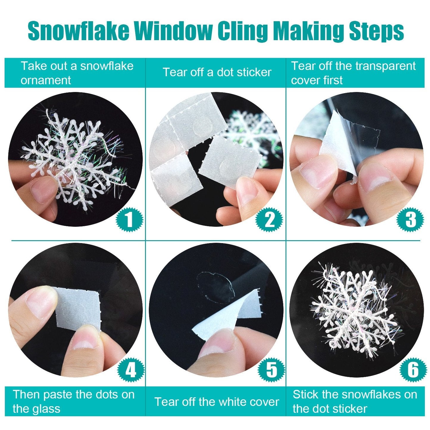 BTNOW 63 Pieces 4 Sizes White Christmas Snowflake Decorations Snowflake Ornaments Garland, 8 Meters White Strings and 60 Pieces Round Double Side Tape for Home Christmas Holiday Party Decorations