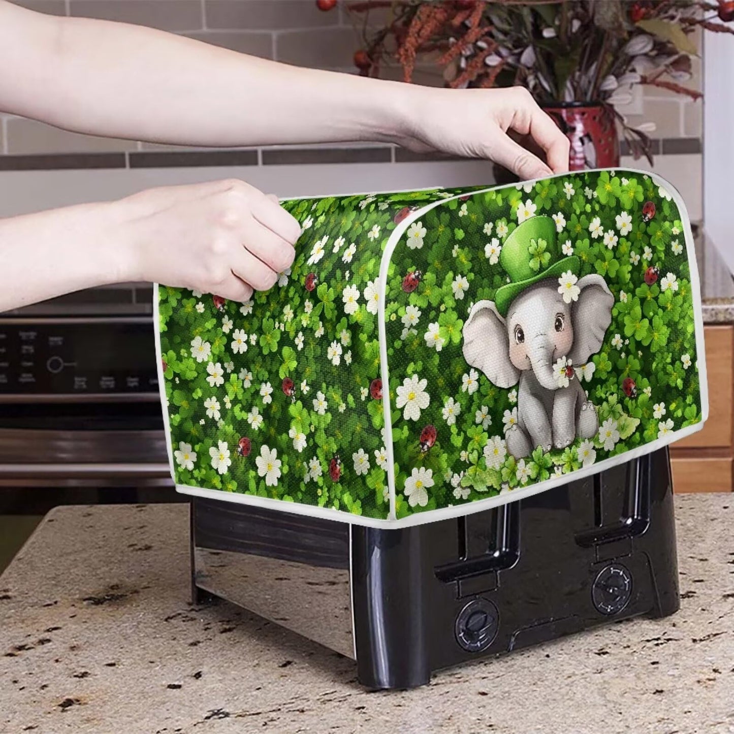 ASQVTIFE Elephant Toaster Covers 4 Slice Wide Slot for Kitchen St.Patrick Day Decor for Kitchen Sunflower Toaster Oven Covers for Kitchen Counter Kitchen Bakeware Protector Thanksgiving Decoration