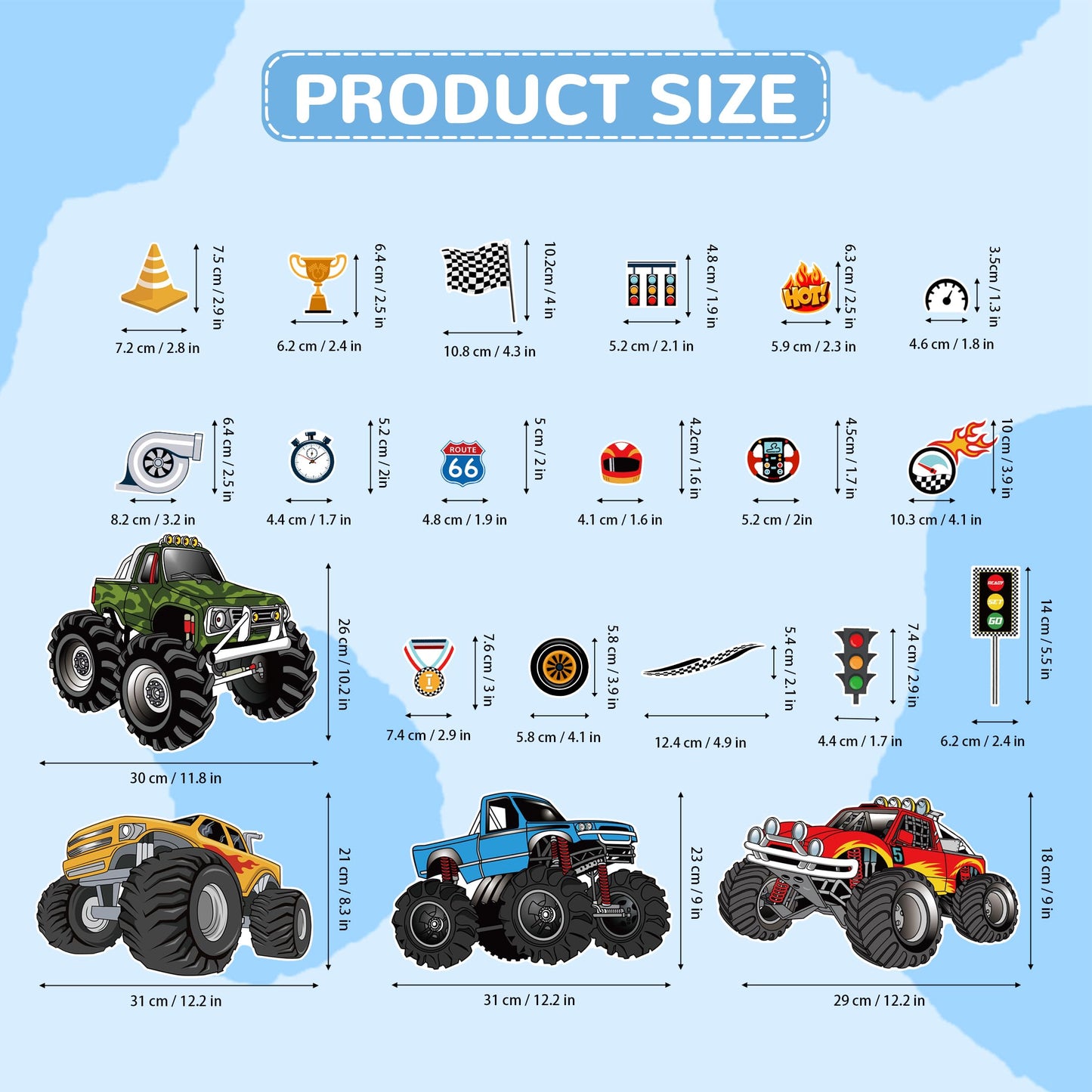Glow in The Dark Racing Car Wall Stickers, Truck Kids Bedrooms Wall Decals, Racing Theme Big Foot Truck Ceiling Decor, Nursery Classroom Playroom Home Decor Gifts