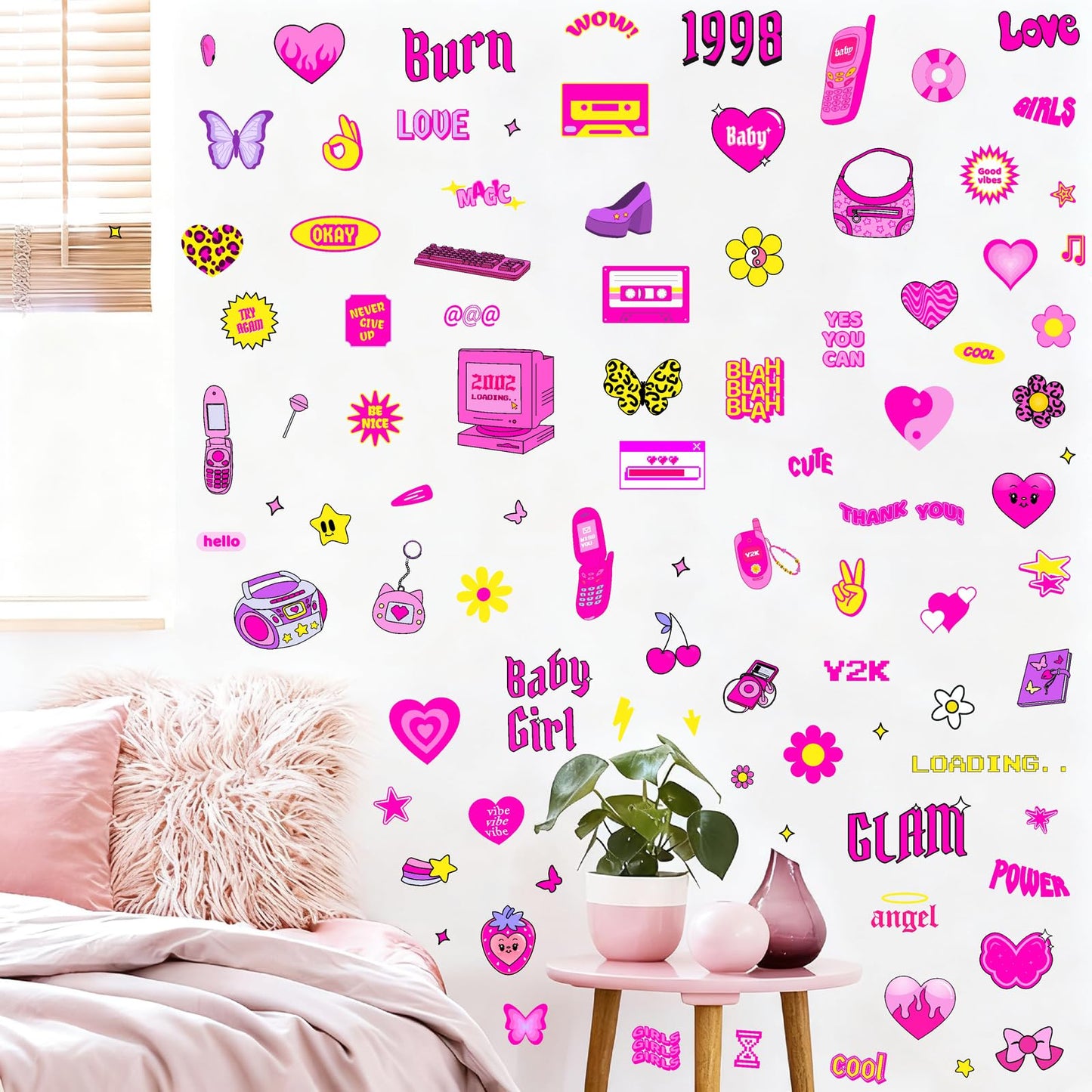 Cute Pink Wall Stickers Princess Girly Wall Decals Aesthetic Trendy Sticker for Girls Room Decor Pink Preppy Stickers for Laptop Water Bottles Decoration Bedroom Playroom Decor