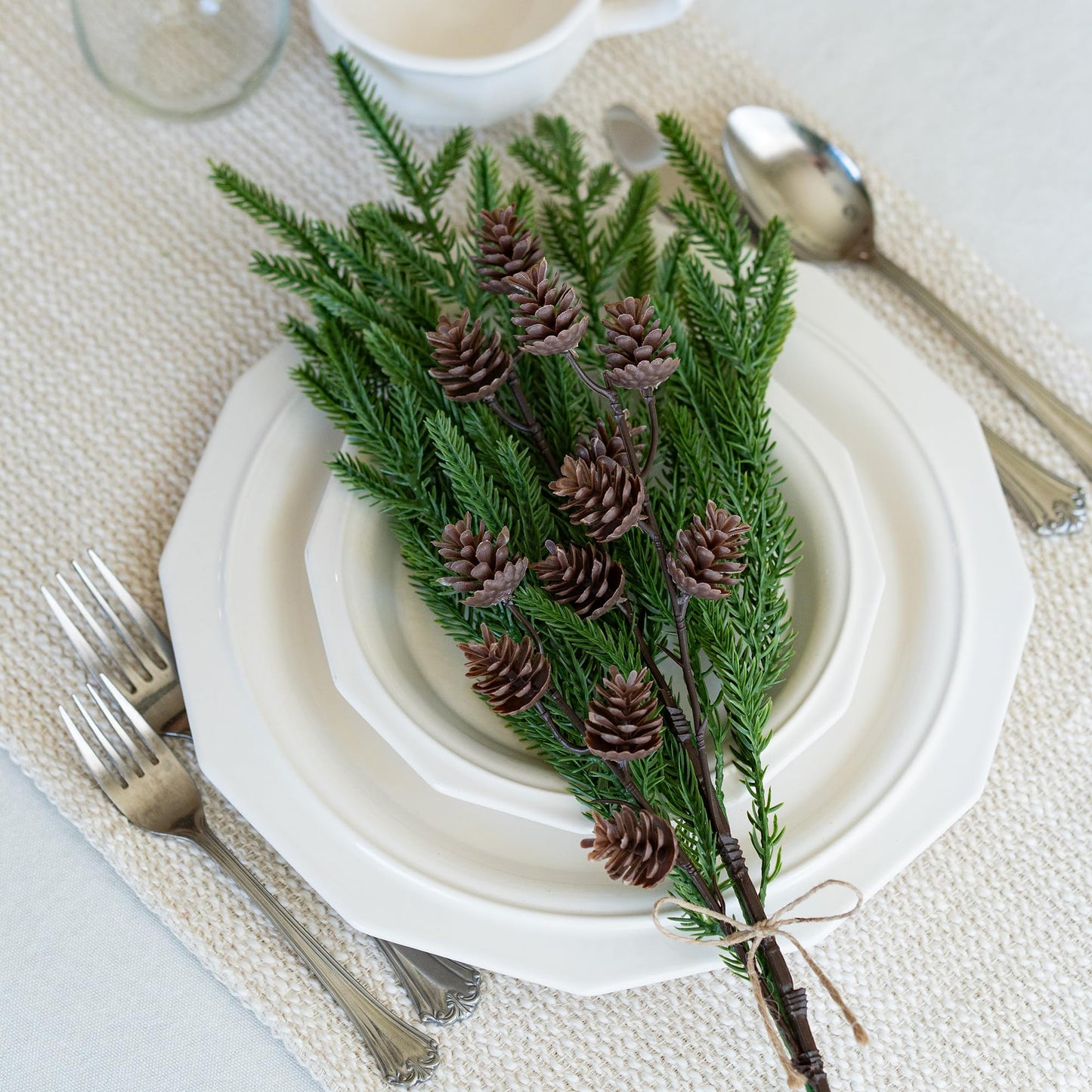 HyeFlora 14 PCS Christmas Norfolk Pine Stems with Small Pine Cones Branches, 19 In Real Touch Artificial DIY Greenery Pine Needles Picks,Xmas Faux Cedar Pine Branche for Vase Indoor Outdoor Home Décor