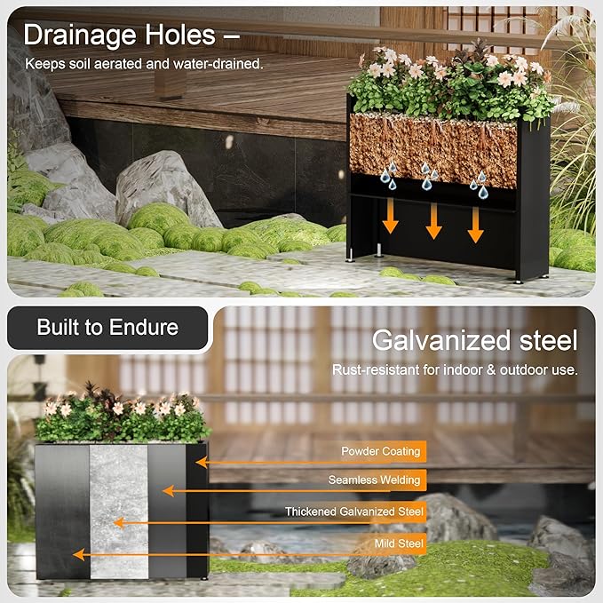 GSK Black Metal Planter Box Rectangular Rustproof Outdoor Plants Indoor Galvanized Steel 37" Lx10 Wx30 H Flower Rectangle Trough Office Commercial Home Patio Balcony Deck Yard Porch