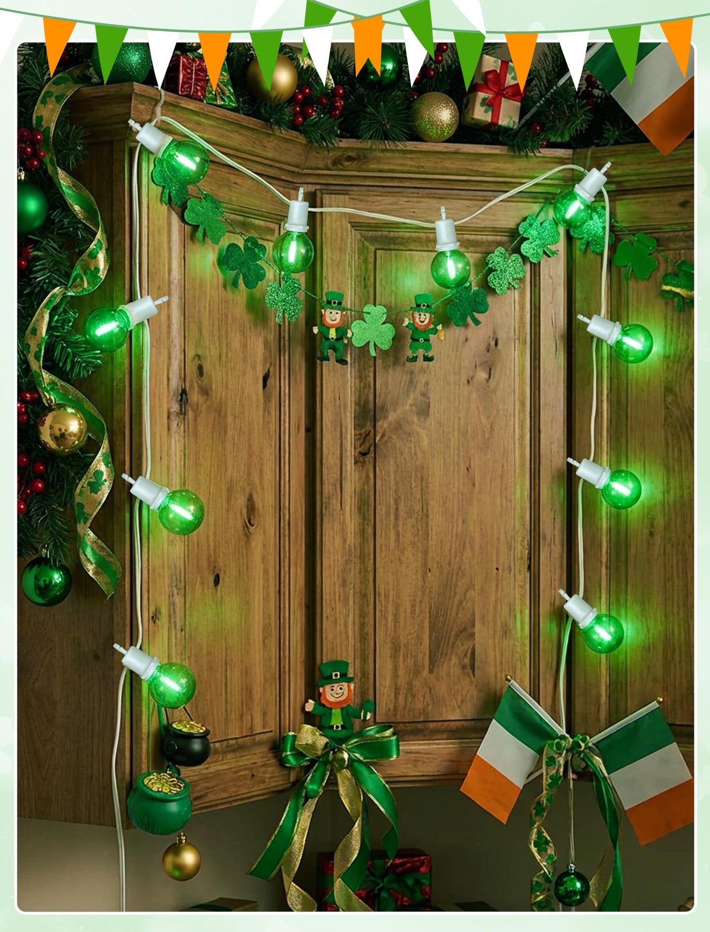 G40 LED St. Patrick's Day String Lights Outdoor, 25Ft St Patricks Decorations Lights Outdoor with Clear Green Round Bulbs, Hanging Patio Lights Shatterproof for Indoor Home Decor Party, White Wire