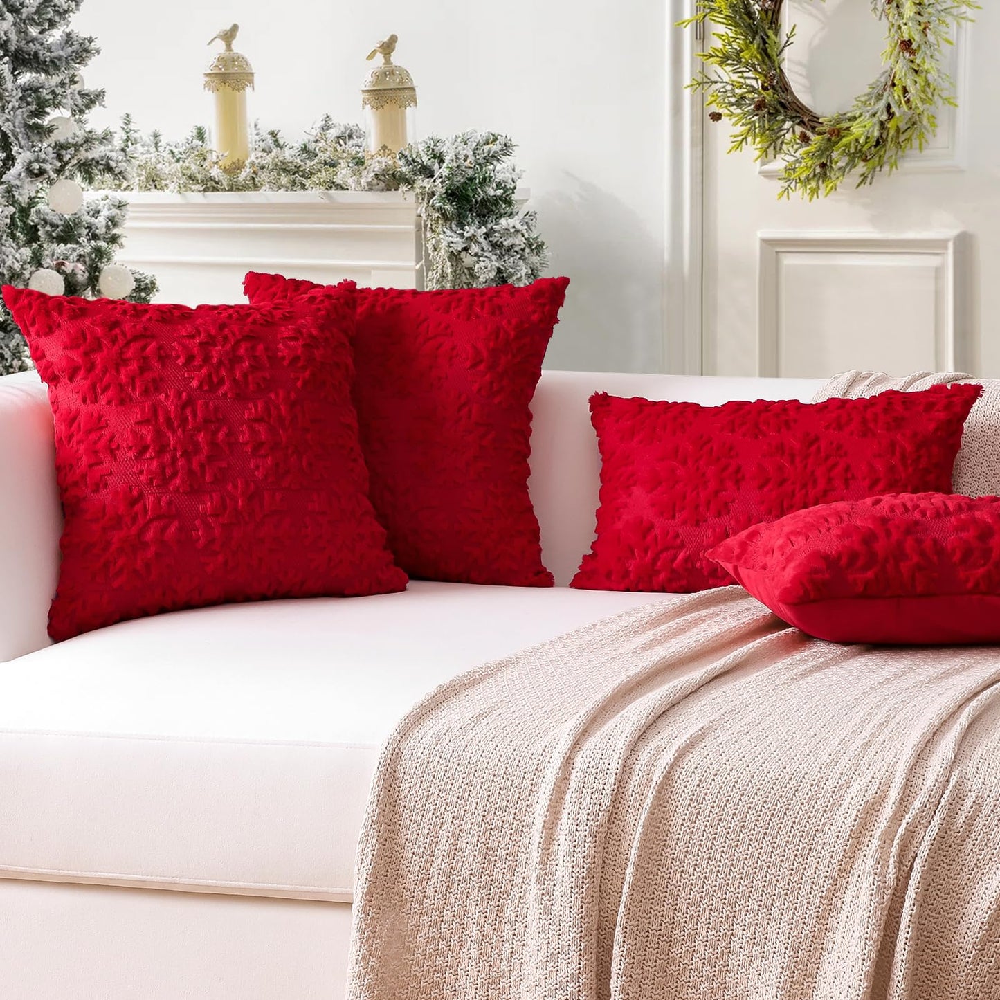OTOSTAR Set of 2 Xmas Soft Plush Short Wool Velvet Decorative Throw Pillow Covers Rectangular Luxury Style Cushion Case Pillow Shell for Sofa Bedroom Snowflake Red, 16x24 Inch