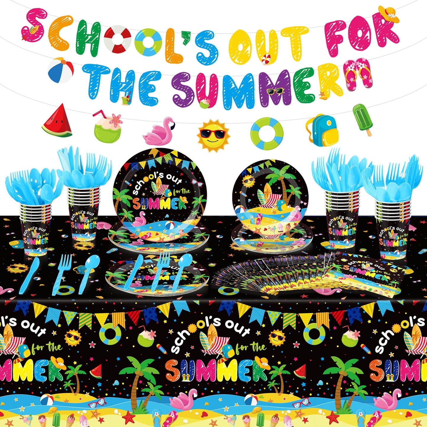 Yiyiring 173 Pcs School's Out for Summer Party Supplies End of School Year Party Decorations Serve 24 Guests Include Plate Cup Napkin Tablecloth Banner Cutlery for Last Day of School 2026 Grad