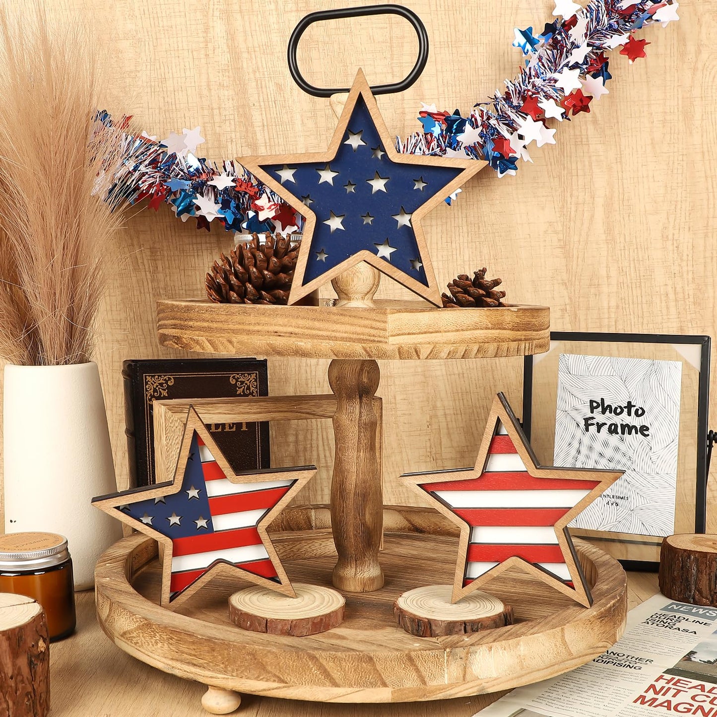 COCHIE 4th of July Decorations Wooden Stars, Patriotic Memorial Day Star Tiered Tray Decor Set of 3, Fourth of July Red White Blue Decoration for Home Office Table Shelf (Flag Hollow)