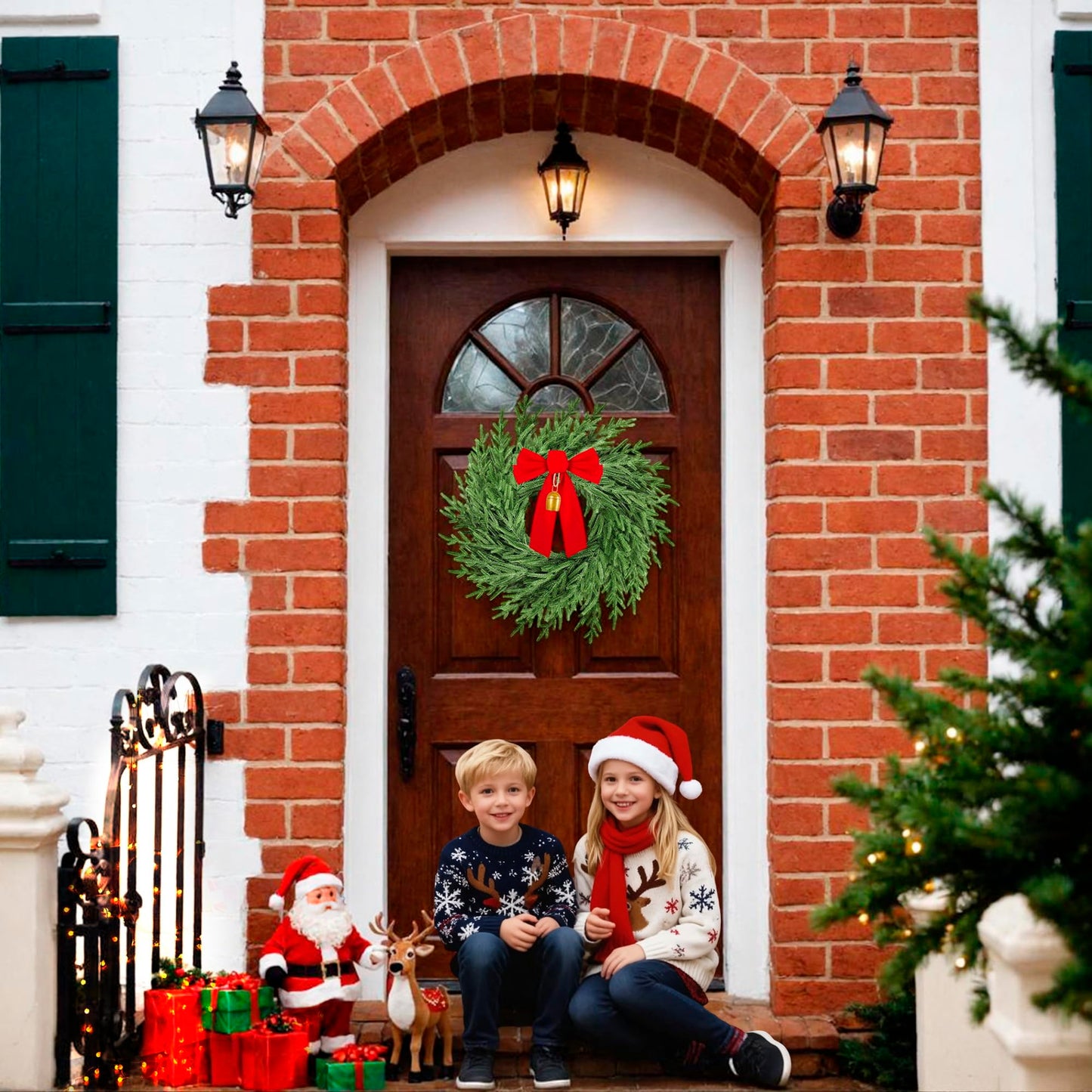 AMORISE 26" Christmas Wreath for Front Door, Artificial Wreath with Bow and Bell,Real Touch Pine Winter Wreath Christmas Decoration for Porch,Window,Wall,Thanksgiving Day Harvest Festival