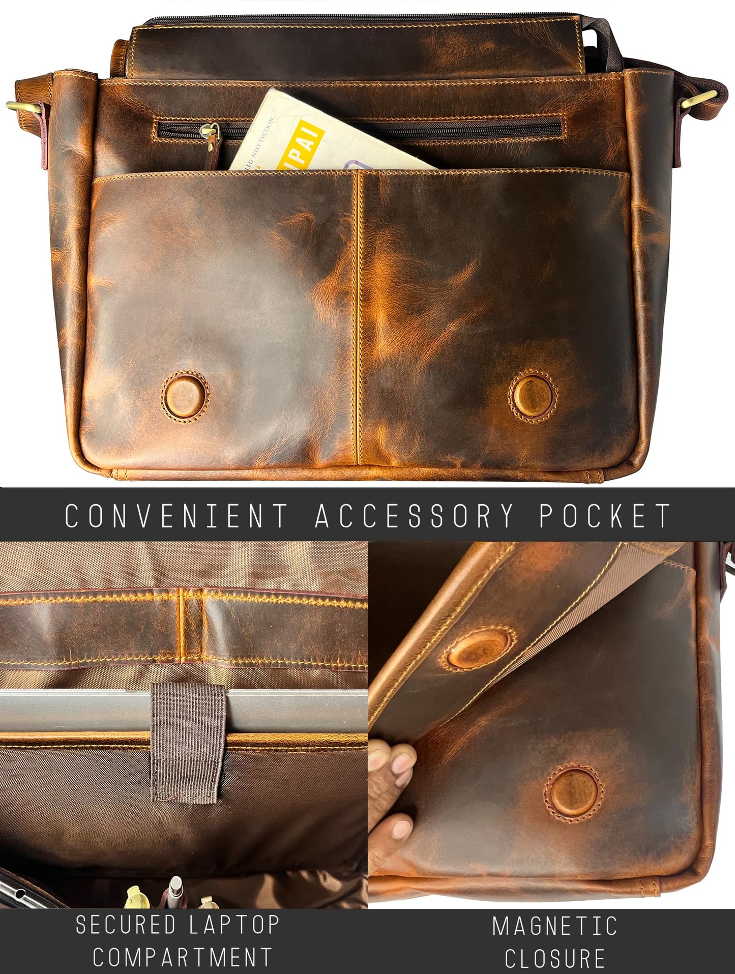 Leather Messenger Bag for Men 14" Leather Laptop Bag Vintage Crossbody Office Satchel Travel Shoulder Bag, Brown
