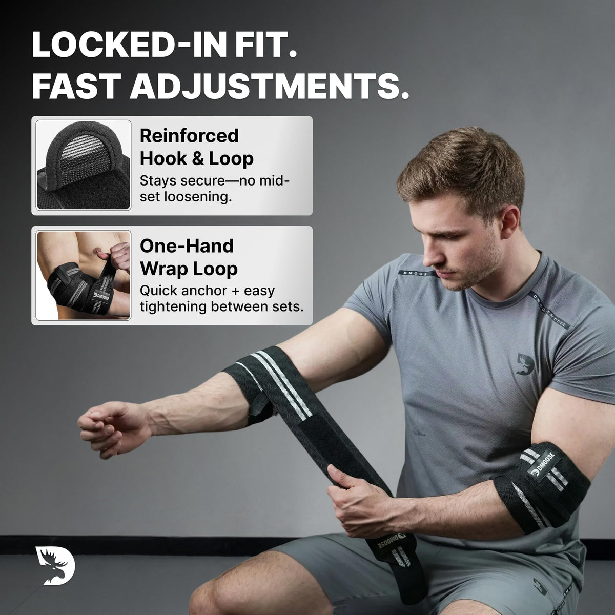 DMoose Fitness Elbow Wraps for Weightlifting (Pair) - 40'' Adjustable Elbow Strap for Gym Workout & Bench Press, Compression Elbow Wraps for Tendonitis & Joint Support, Elbow Sleeve (White Stripes)