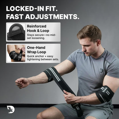DMoose Fitness Elbow Wraps for Weightlifting (Pair) - 40'' Adjustable Elbow Strap for Gym Workout & Bench Press, Compression Elbow Wraps for Tendonitis & Joint Support, Elbow Sleeve (White Stripes)