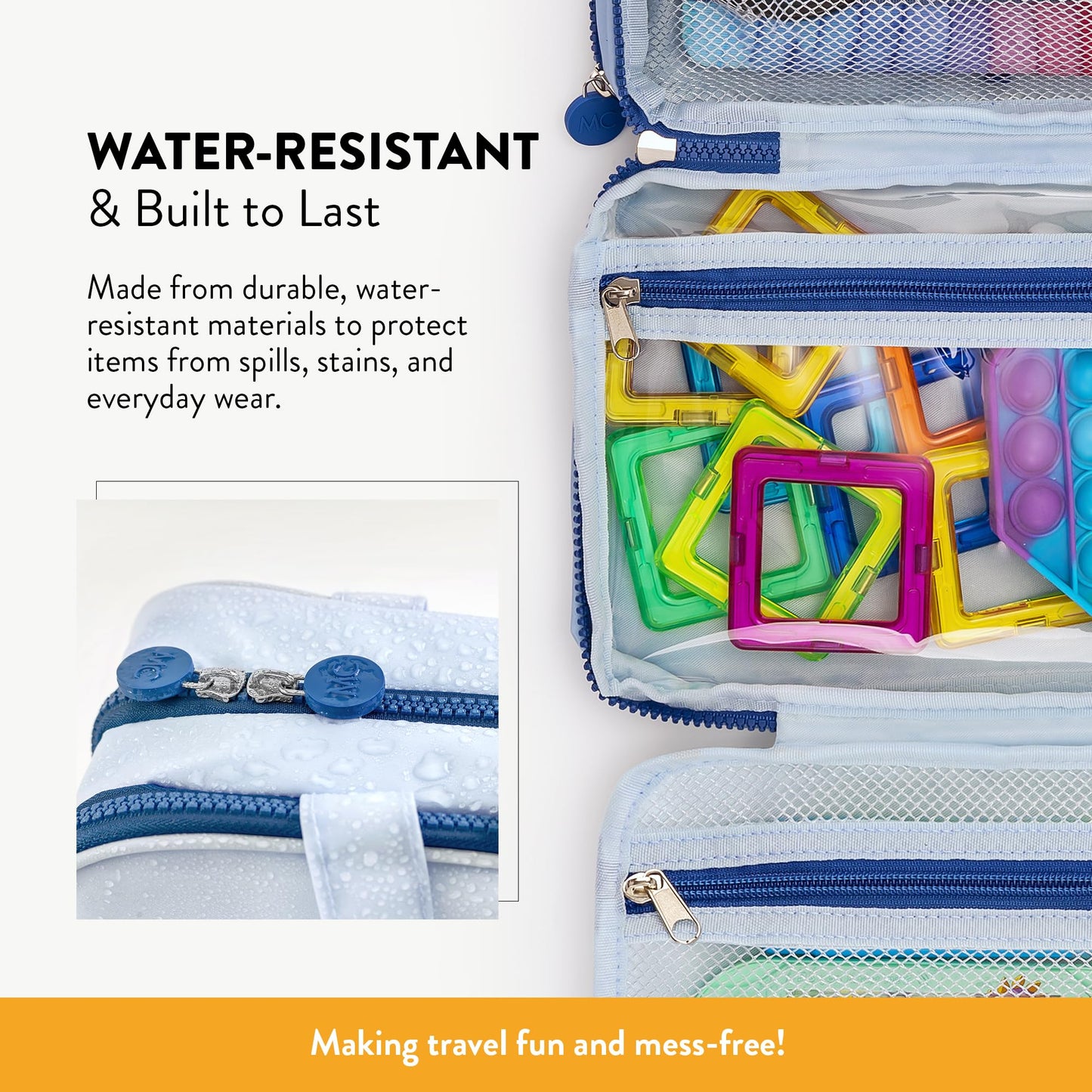 Kids Travel Organizer – Multi-Compartment, Water-Resistant Hanging Bag for Toys, Snacks, & Activities - Compact, Lightweight Design with Hook & Carry Handle - Perfect for Travel Use (Blue, Small)