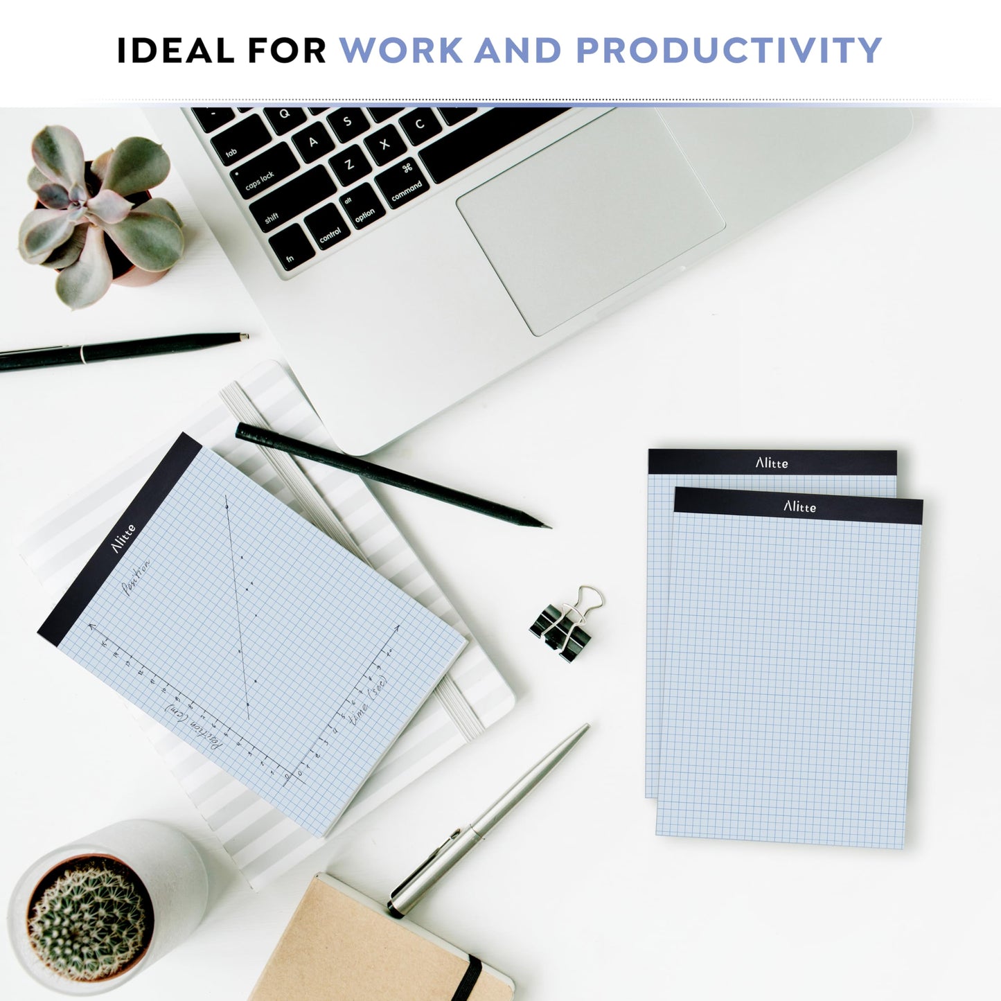 Alitte Graph Paper Pad, Pack of 3, White Letter Size - 4x4 Quad Grid Paper, With Blue Lines - Easy-Tear Perforations, 11x8.5 Cardboard Backing - Graph Notepads for School, Office -50 Sheets per Pad