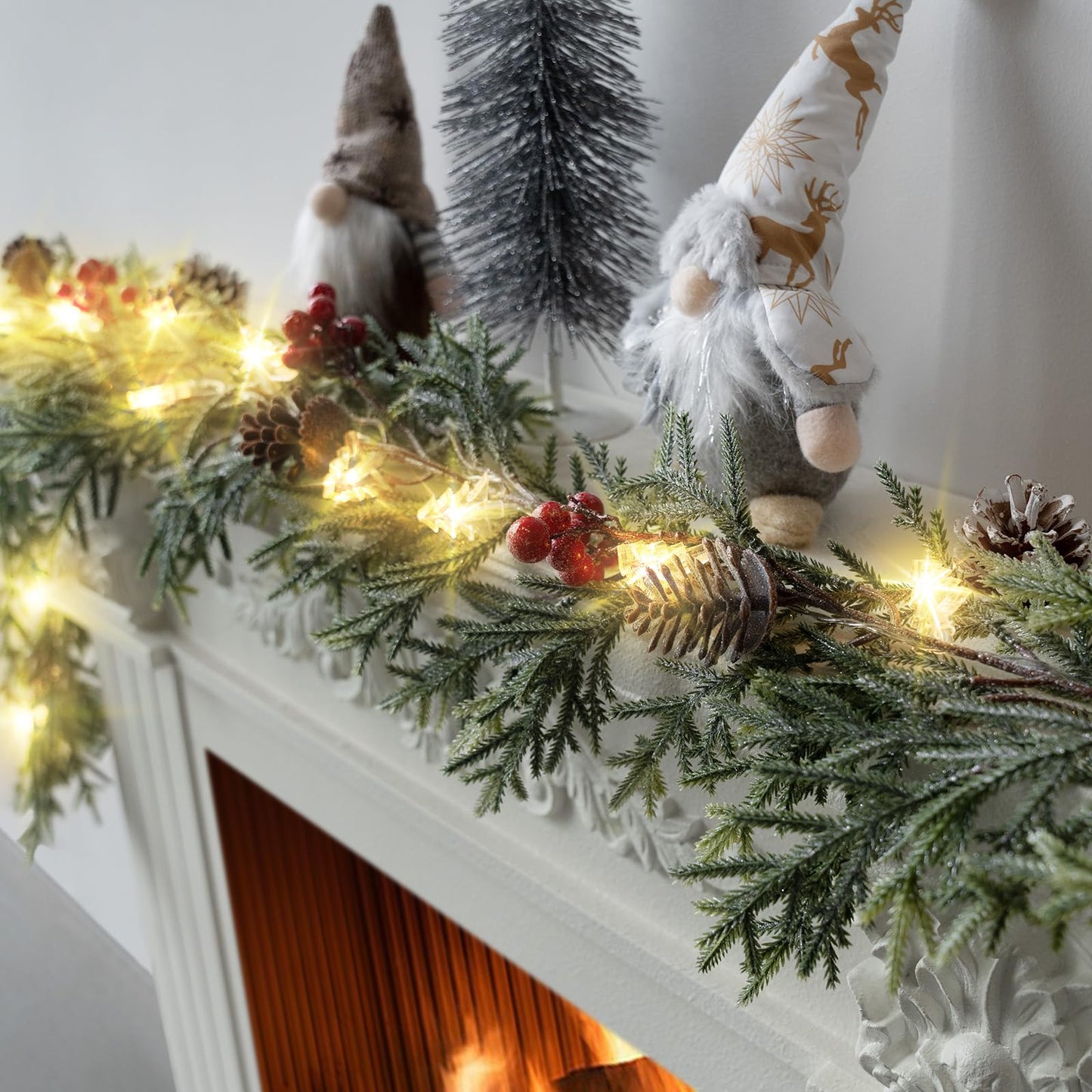 6FT Christmas Garland with Lights, Pre-Lit Artificial Pine Garland with Red Berries, Lighted Flocked Garland for Table Mantle Fireplace Door Stairs Windows Wall Indoor Outdoor Holiday Christmas Decor