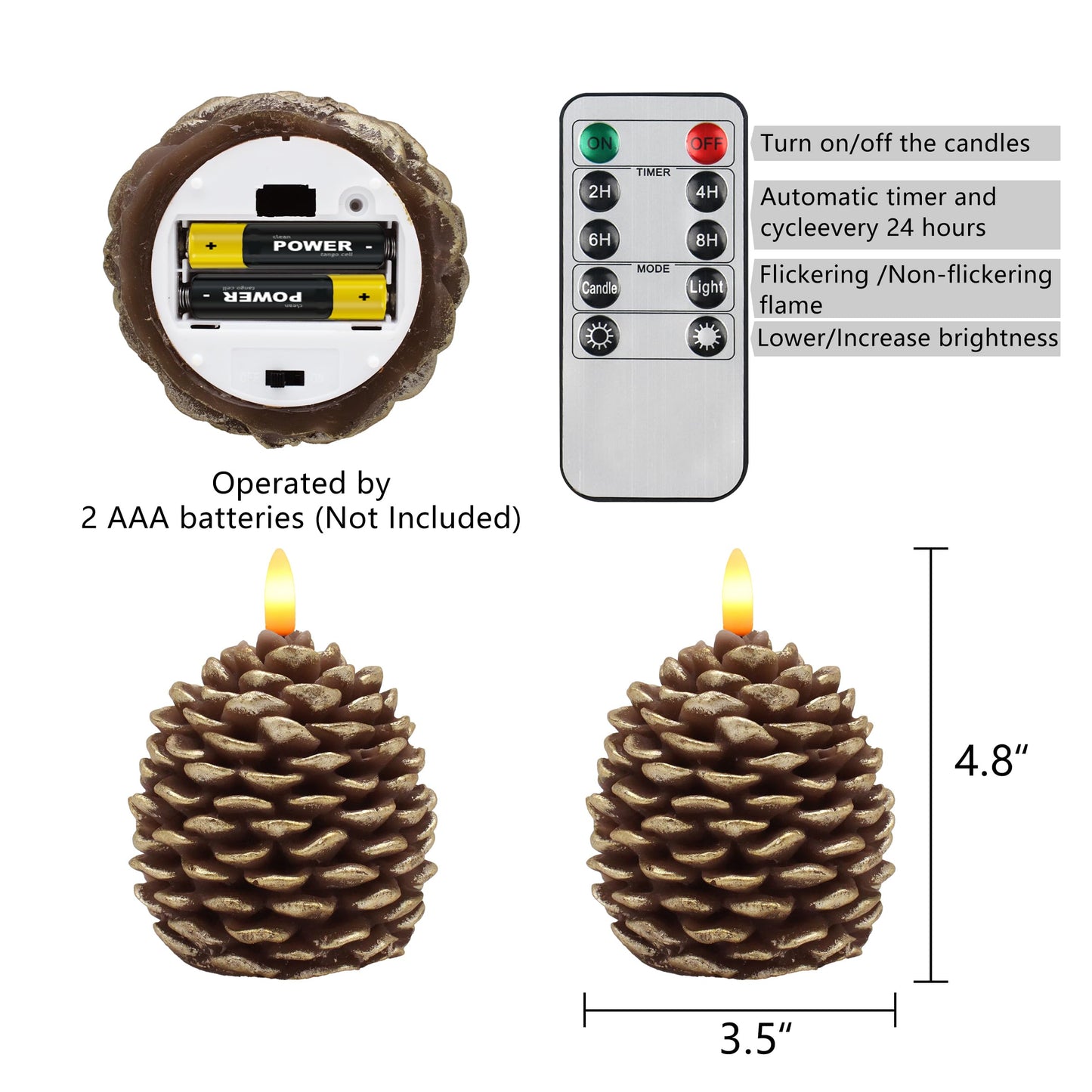 CVHOMEDECO. Pine Cone Candles Battery Operated Pinecones with Remote and Timer, Pine Cones Candle LED Flameless Flickering Candles for Fall, Christmas Decor. Golden-Brown, H 4.8 Inch, Pack of 2