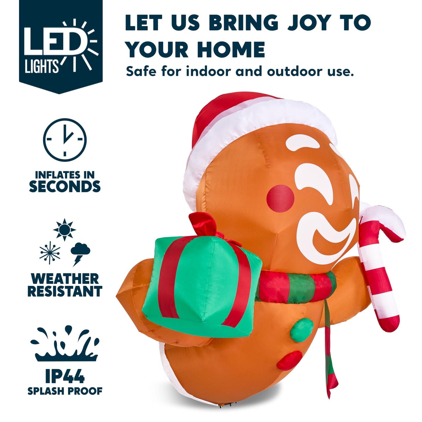 Joiedomi 3.5 FT Christmas Inflatable Gingerbread Man with Gift Box and Candy Cane Broke Out from Window, Blow Up Inflatable with Build-in LED for Window Decor, Xmas Party, Outdoor, Yard, Lawn Decor
