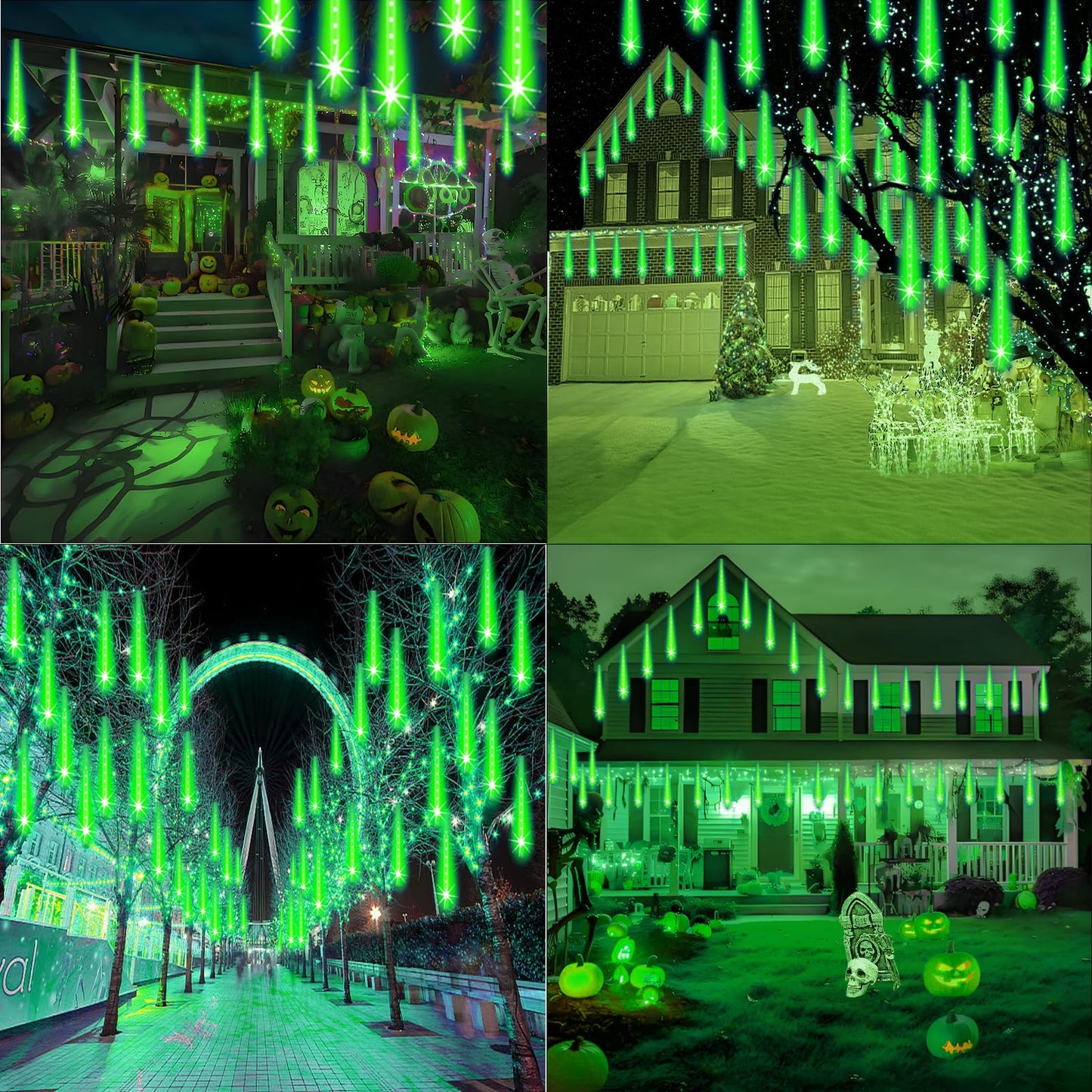 Weepong Halloween Lights Outdoor, Meteor Shower Christmas Lights for Halloween Decorations, 8 Tube 192 LED Snow Falling Rain Icicle String Light for Xmas Christmas Decor Tree Party, UL Plug Green