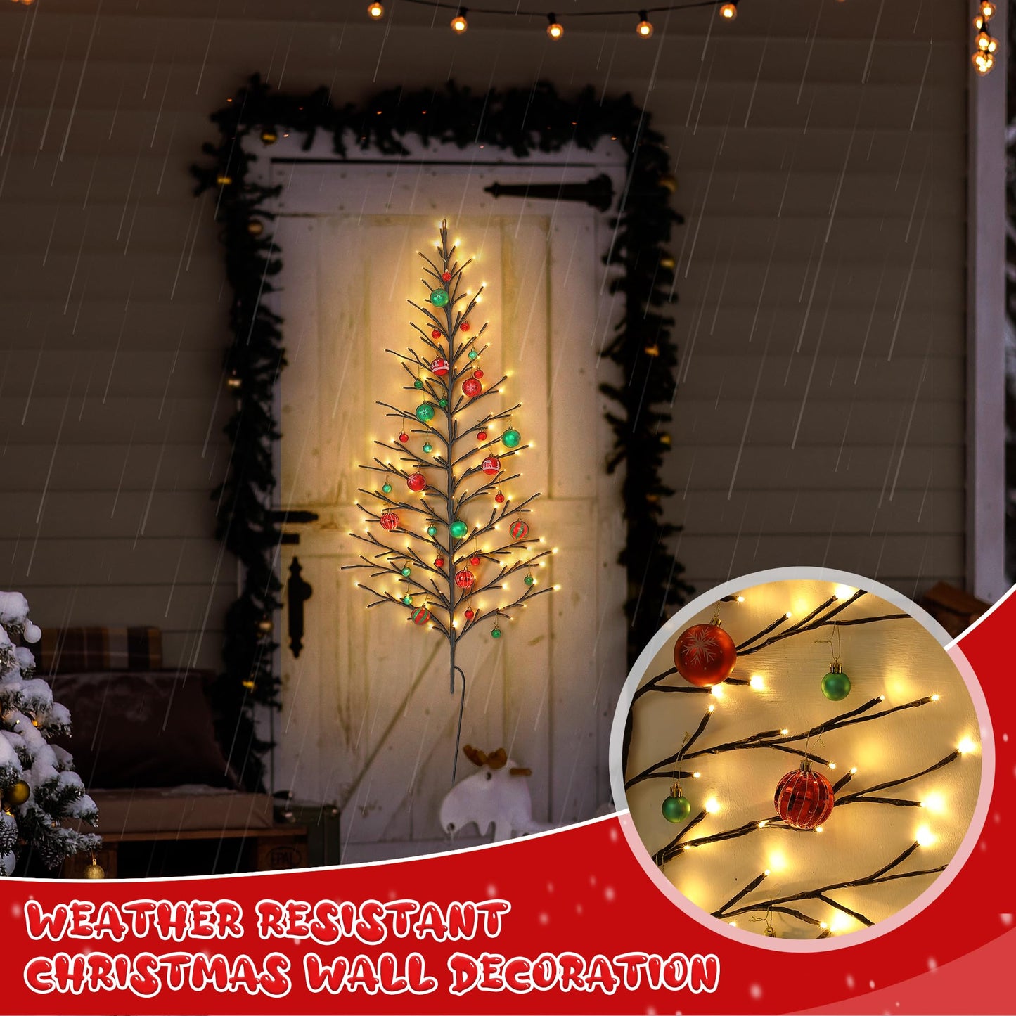 ElectricWise 5 FT 144 LED Lighted Wall Christmas Tree with Decorative Balls, 8 Light Modes Plug in Half Christmas Tree, Hanging Flat Mounted Trees for Holiday Apartment Room(Black, Red and Green)