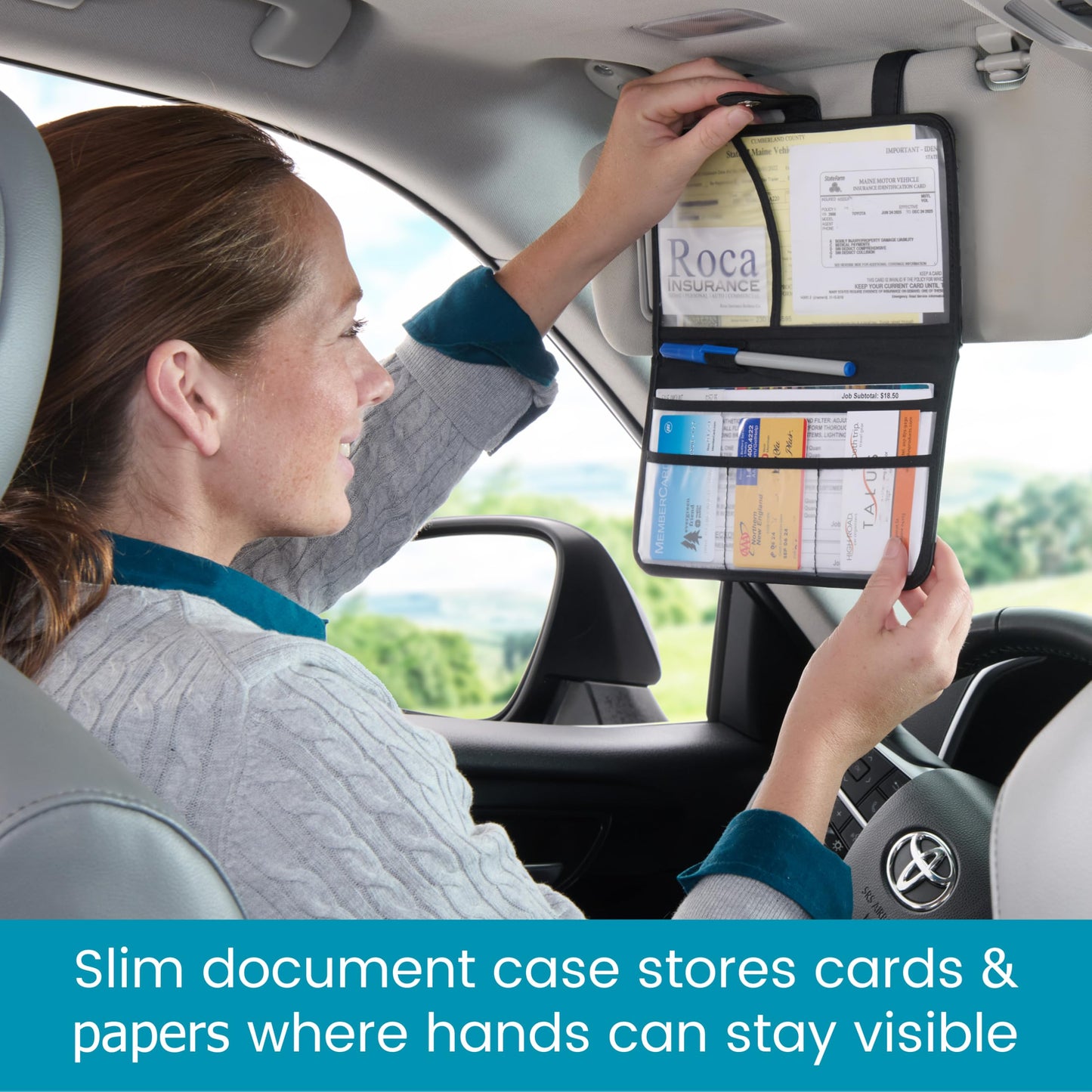 High Road Car Document Holder - Registration and Insurance Card Holder and Car Visor Organizer with 6 Clear Pockets and Pen Loop for Driving Documents, Cards and Paperwork