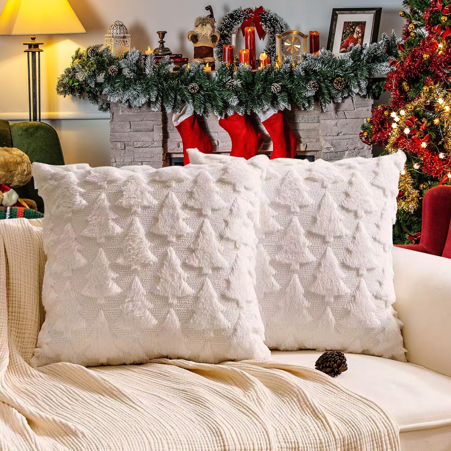 TOYPOPOR Christmas Pillow Covers 18'' x 18'' Set of 2, Soft Faux Rabbit Fur 3D Embroidery Christmas Tree Throw Pillow Covers for Holiday Christmas Decor Sofa, Couch, Skin-Friendly, Invisible Zipper