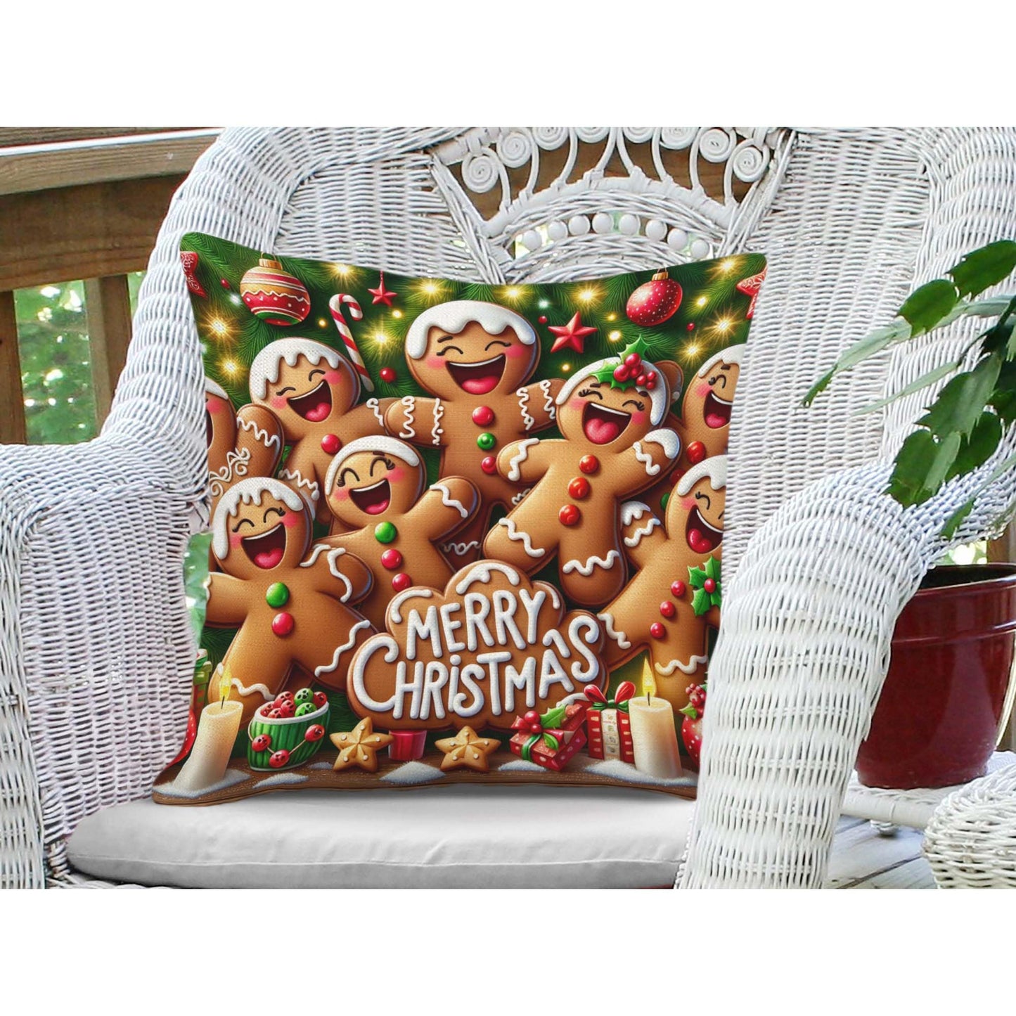 Jiaopenyou Throw Pillow Cover 20x20 Inch,Gingerbread Men Dancing Merry Christmas Decorated with Icing Candies Christmas Tree Throw Pillow Case,Home Decor Cushion Covers for Sofa Living Room Couch Bed
