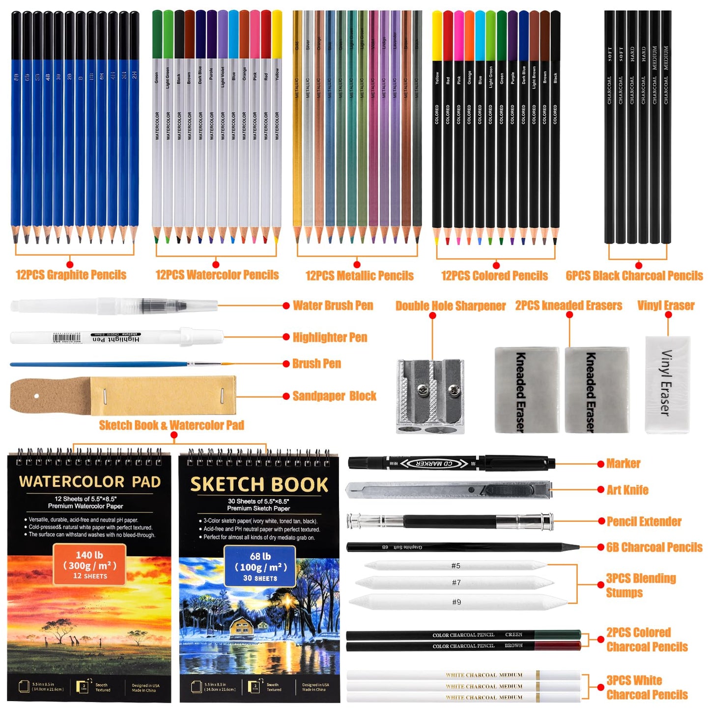 Drawdart Art Supplies Drawing Pencils Set - 76 Pack Pro Sketching Kit with Sketchbook & Watercolor Pad, Includes Graphite, Charcoal, Watercolor & Metallic Pencils for Kids, Teens, Adults
