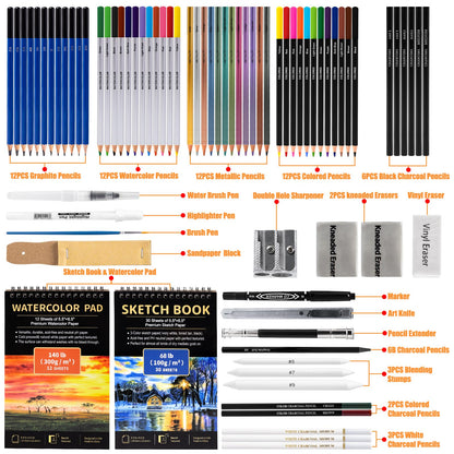 Drawdart Art Supplies Drawing Pencils Set - 76 Pack Pro Sketching Kit with Sketchbook & Watercolor Pad, Includes Graphite, Charcoal, Watercolor & Metallic Pencils for Kids, Teens, Adults