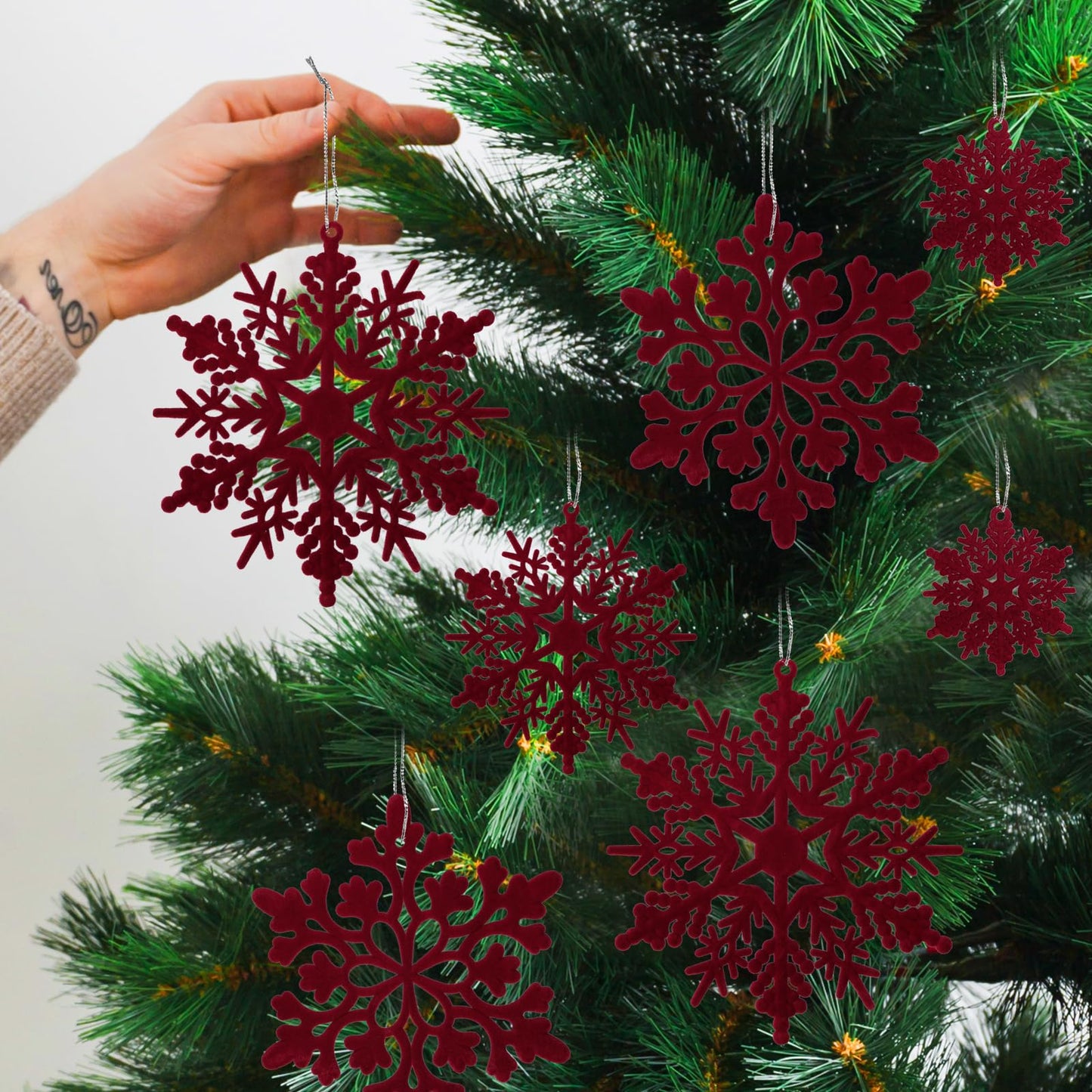 36pcs Wine Red Flocked Christmas Snowflake Ornaments, Hanging Velvet Snow Flakes for Christmas Tree Decorations Winter Wonderland Frozen Birthday Party Holiday Home Decor Craft Snowflakes