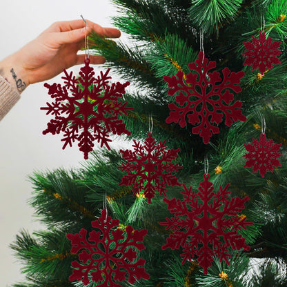 36pcs Wine Red Flocked Christmas Snowflake Ornaments, Hanging Velvet Snow Flakes for Christmas Tree Decorations Winter Wonderland Frozen Birthday Party Holiday Home Decor Craft Snowflakes
