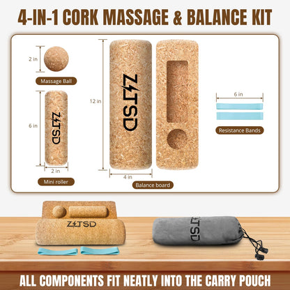 ZITSD Cork Balance Board for Feet, 4-in-1 Ankle Balance and Foot Strengthener Kit with Half Dome Boards, Foot Roller, Massage Ball, Toe Resistance Bands and Exercise Guide