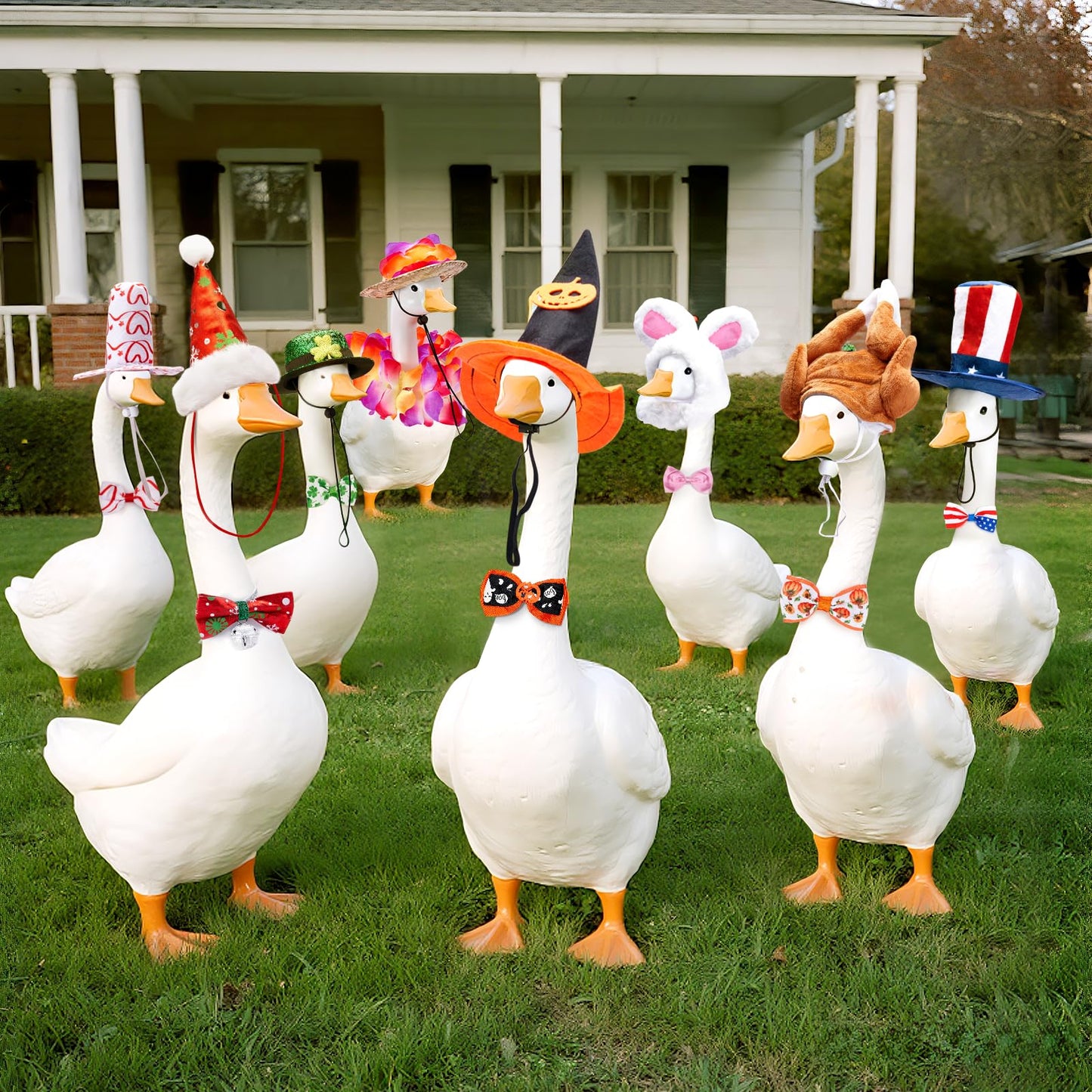 8 Set Holiday Porch Goose Outfits for 17/19/23" Plastic Lawn Goose - 4th of July, Summer, Thanksgiving, Valentines, St. Patricks, Easter Clothes - Patio Yard Garden Decor with Hat and Bow Tie